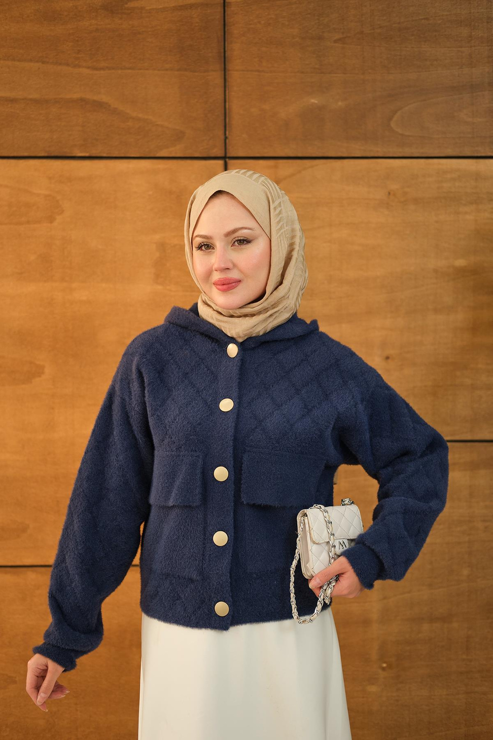 Kendinden Desenli Kapüşonlu Hırka Lacivert