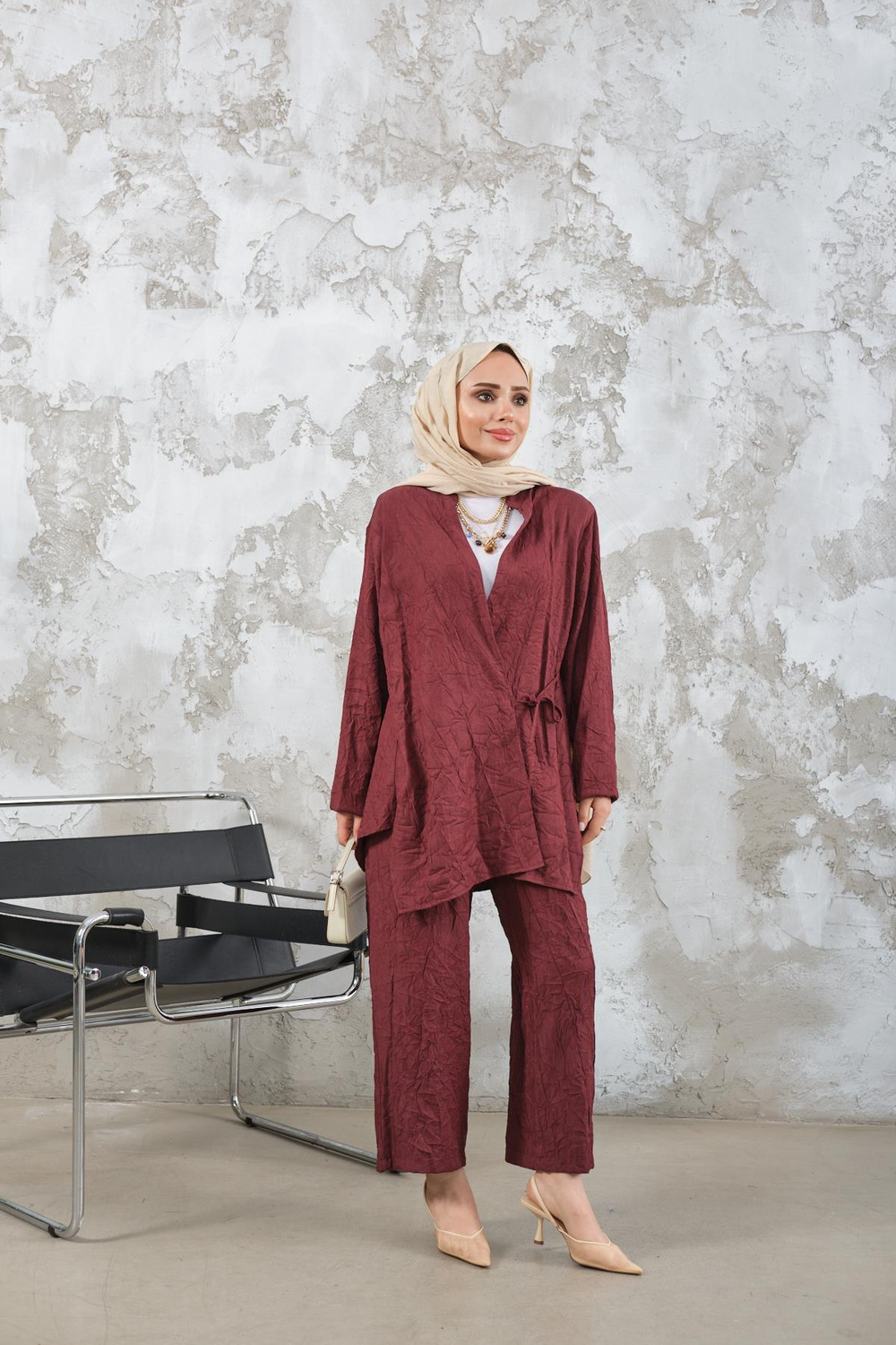 Kendinden Desenli Kimono Takım Bordo