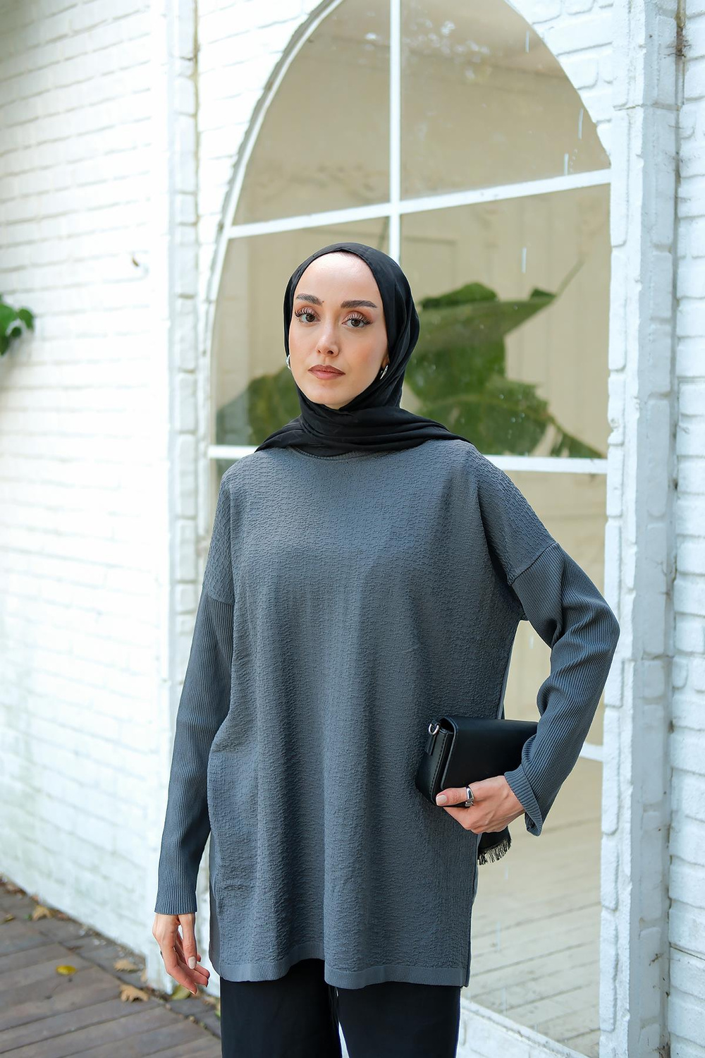 Kendinden Desenli Tunik Füme