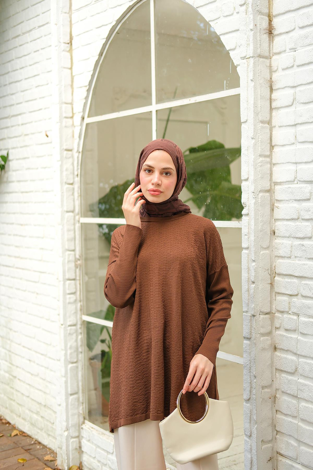 Kendinden Desenli Tunik Kahverengi