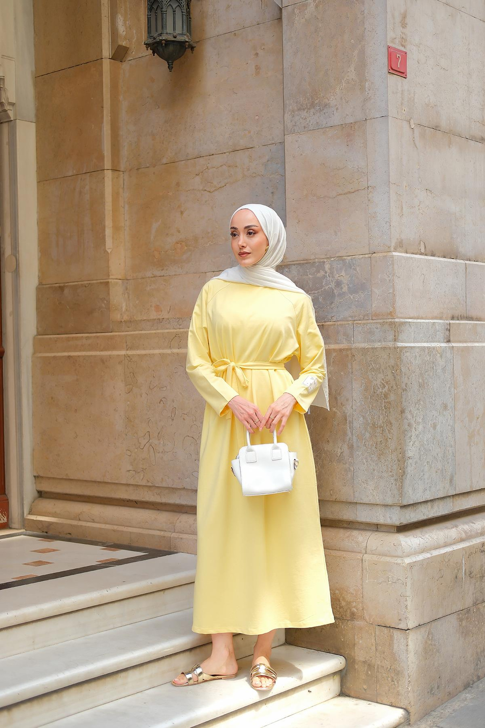 Kol Arma Detaylı Bisiklet Yaka Elbise Sarı