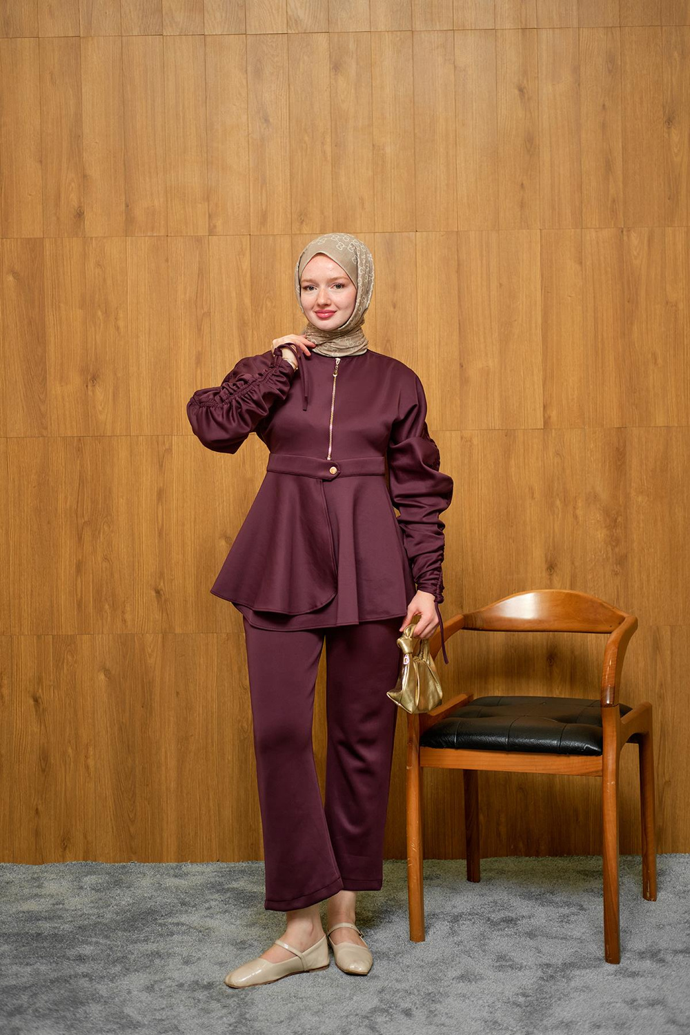 Kol Tünelli Beli Kemerli Takım Mürdüm