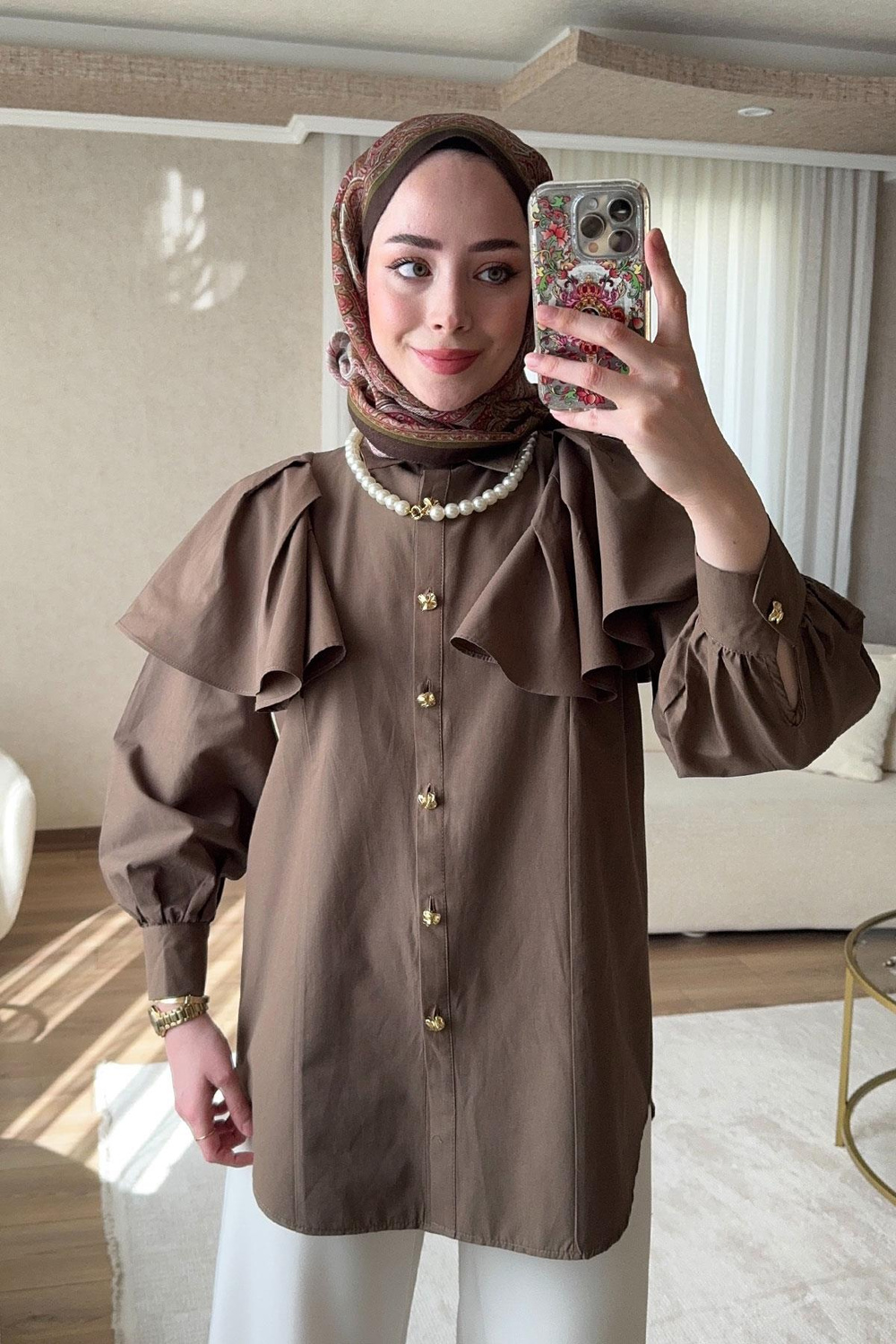 Kolları Valonlu Düğme Detaylı Gömlek Kahverengi