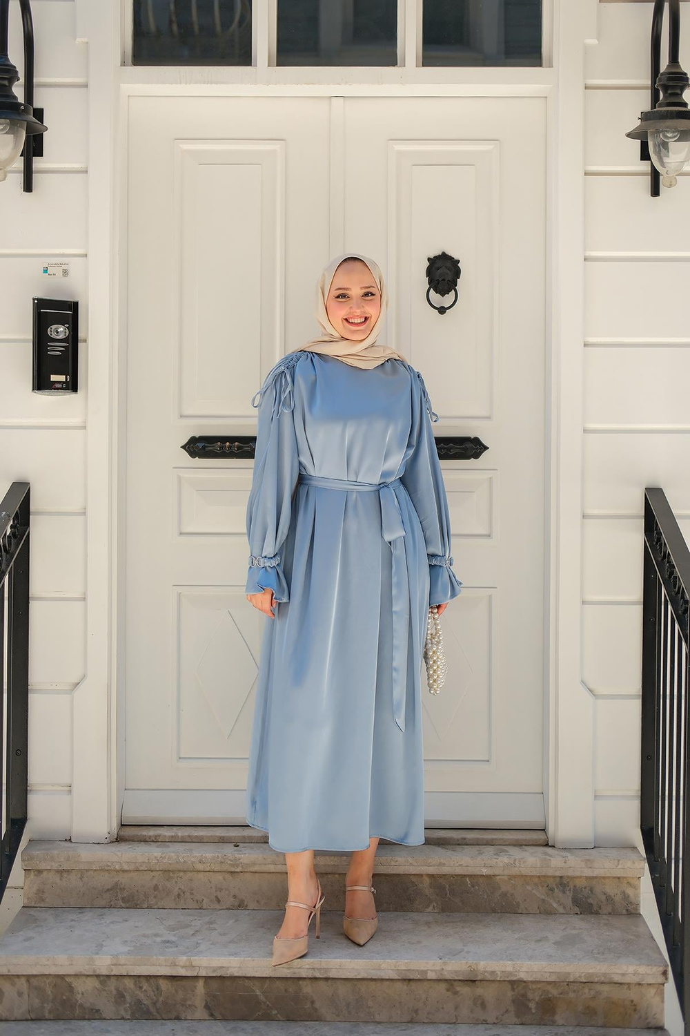 Kolu Lastik Aksesuarlı Elbise Bebe Mavi