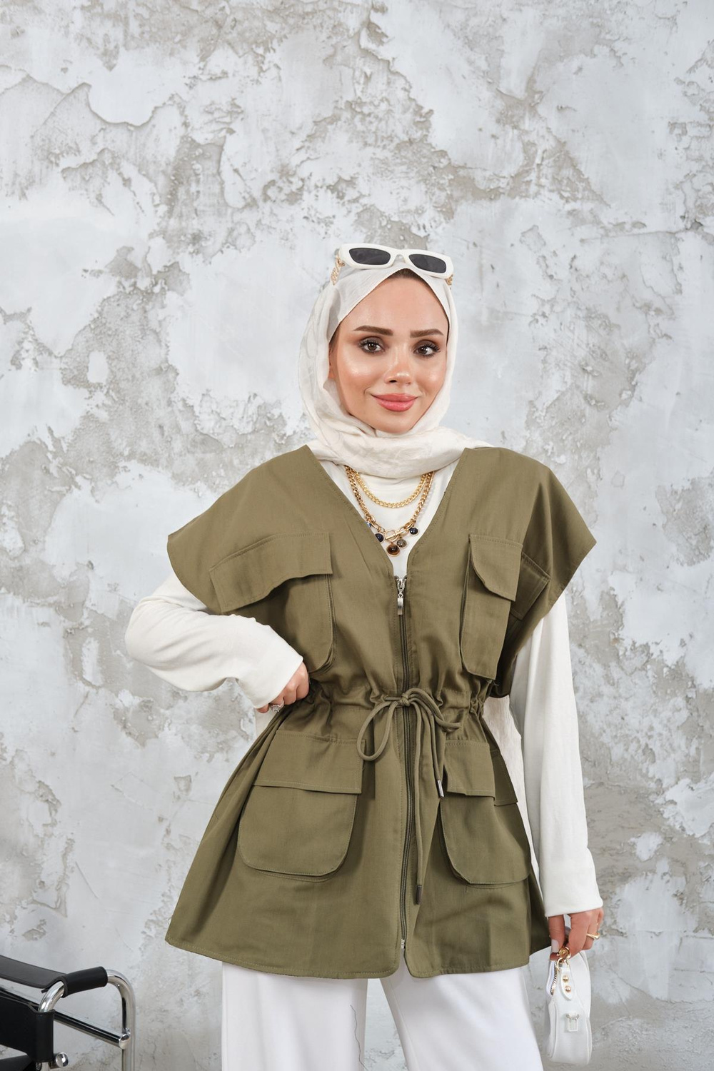 Kordon Detay Gabardin Bel Bağlamalı Yelek Haki Yeşil