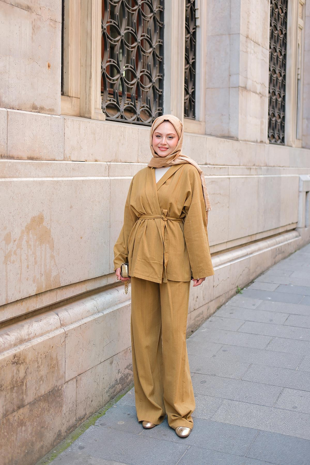 Kruvaze Yaka Keten Takım Yağ Yeşil