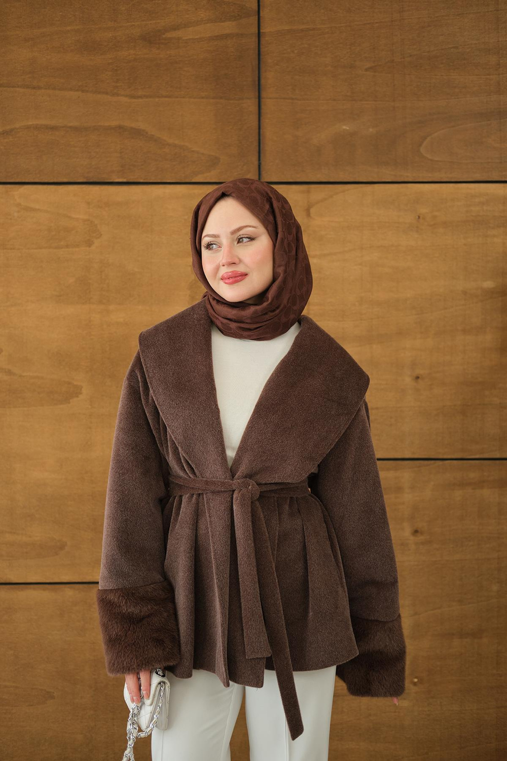 Kruvaze Yaka Kısa Ceket Kahverengi