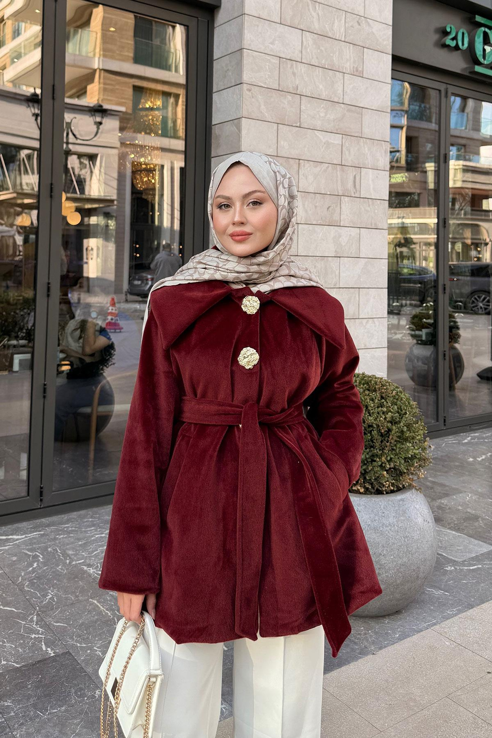 Kruvaze Yaka Peluş Ceket Bordo