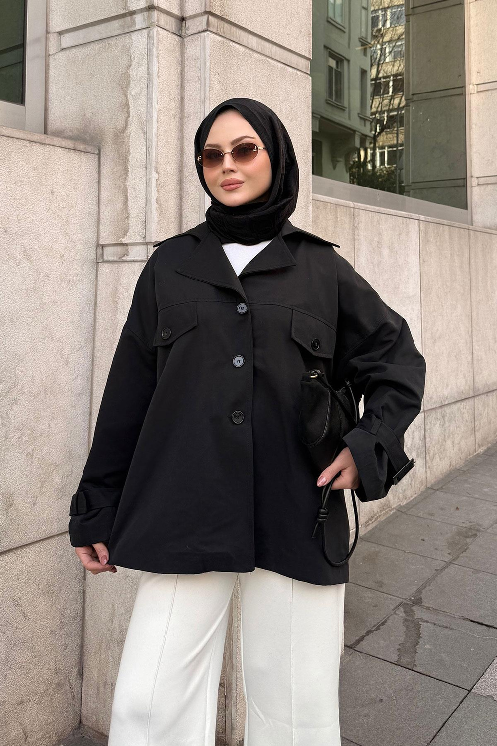 Kruvaze Yaka Trenç Siyah