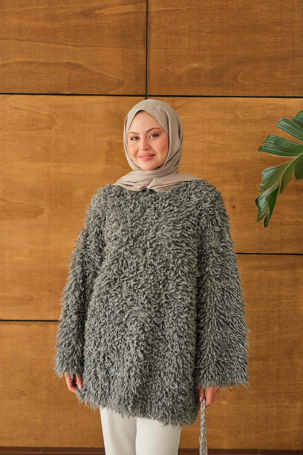 Kürk Detay Kazak Gri