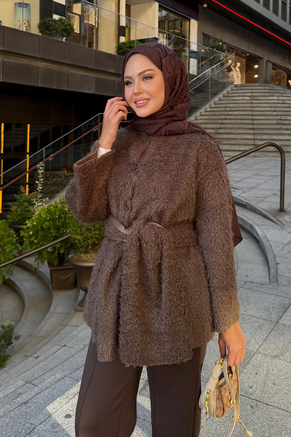 Kuşak Detaylı Hırka Kahverengi