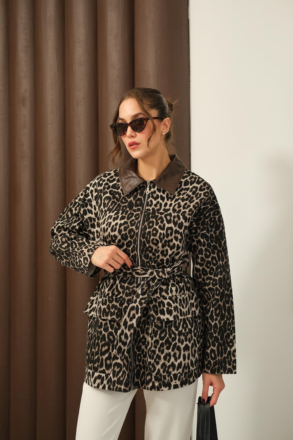 Leopar Desen Ceket Kahverengi