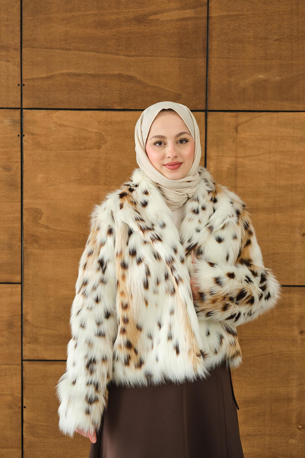 Leopar Desen Kısa Kürk Ekru