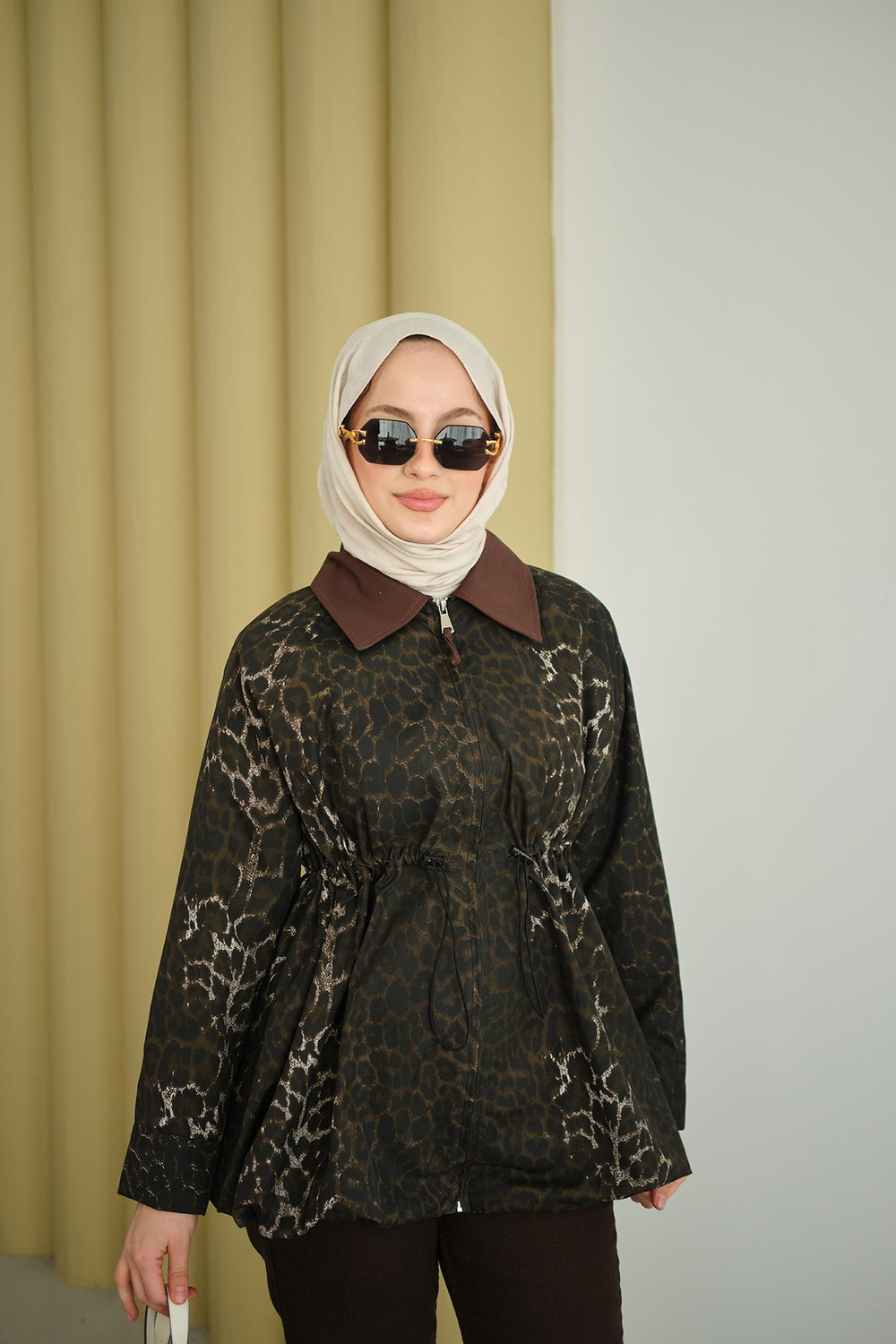 Leopar Desenli Fermualı Trenç Kahverengi