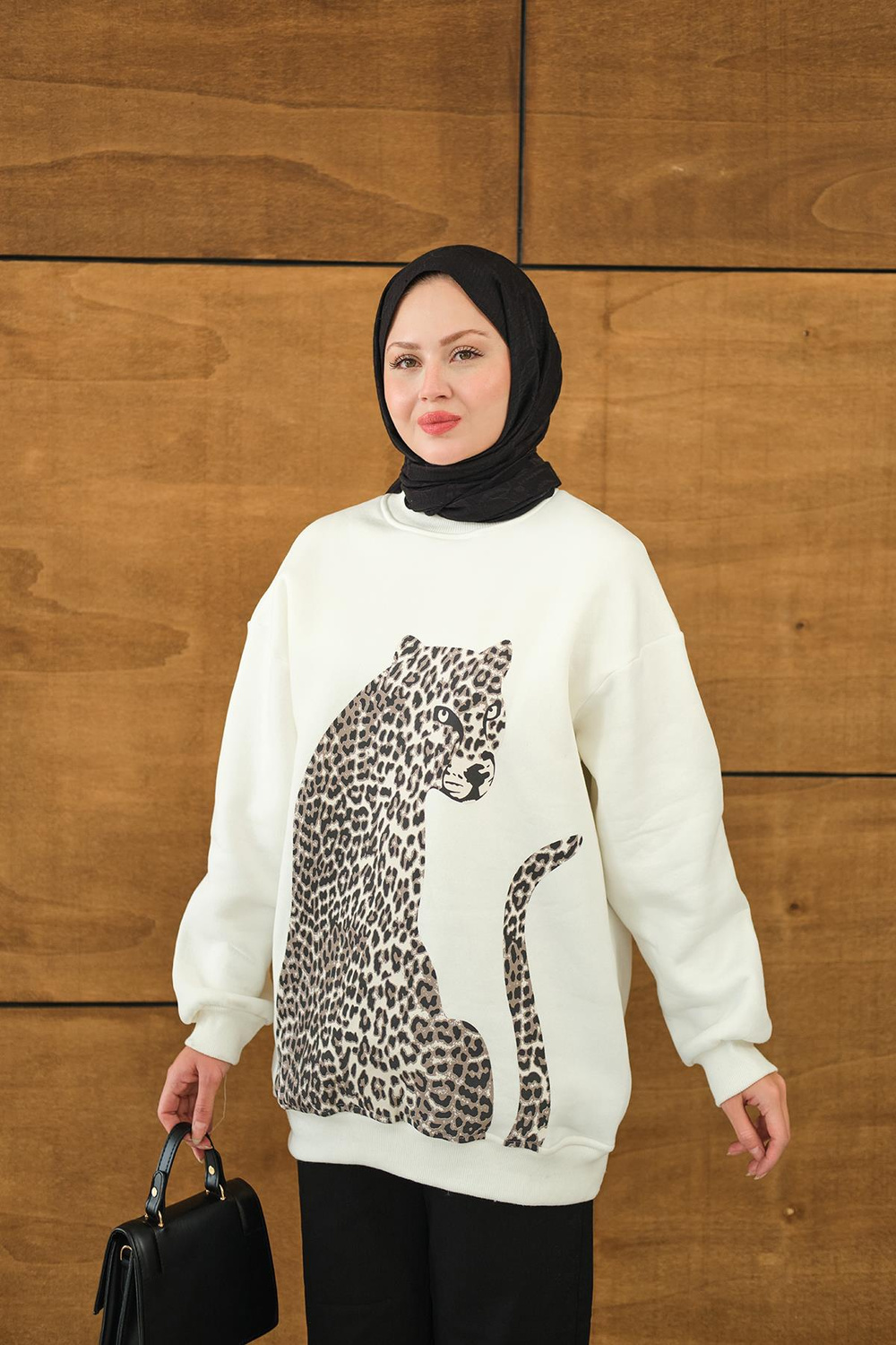 Leopar Kaplan Görünümlü Overise Sweat Beyaz