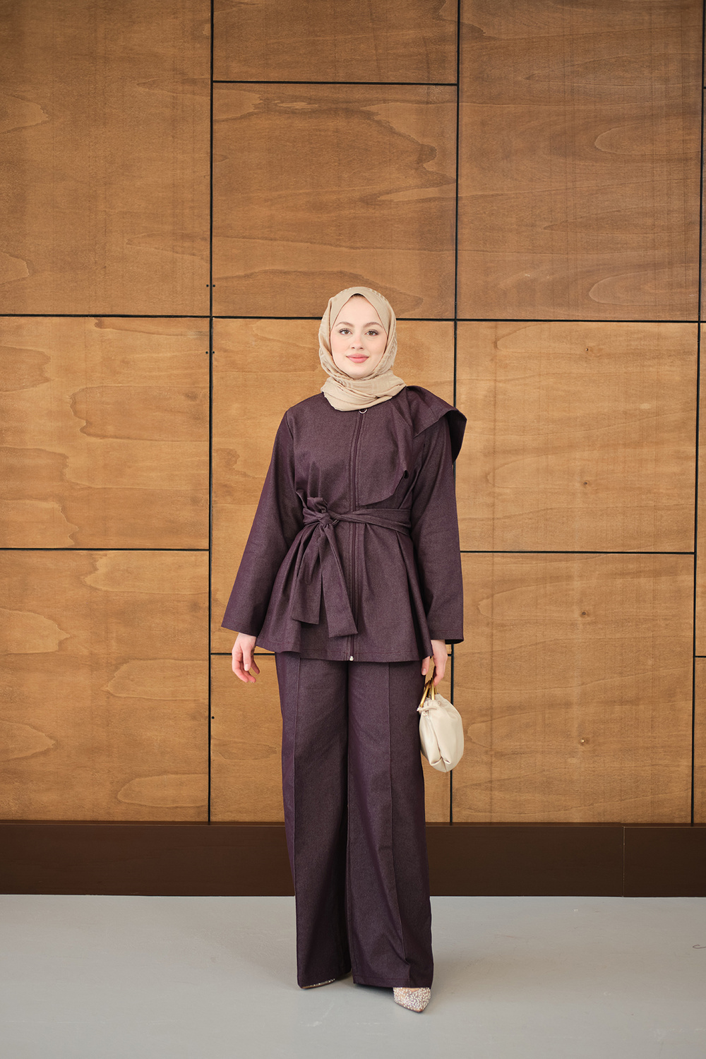 Omuz Büzgü Detaylı Fermuarlı Bel Bağlamalı Takım Mor