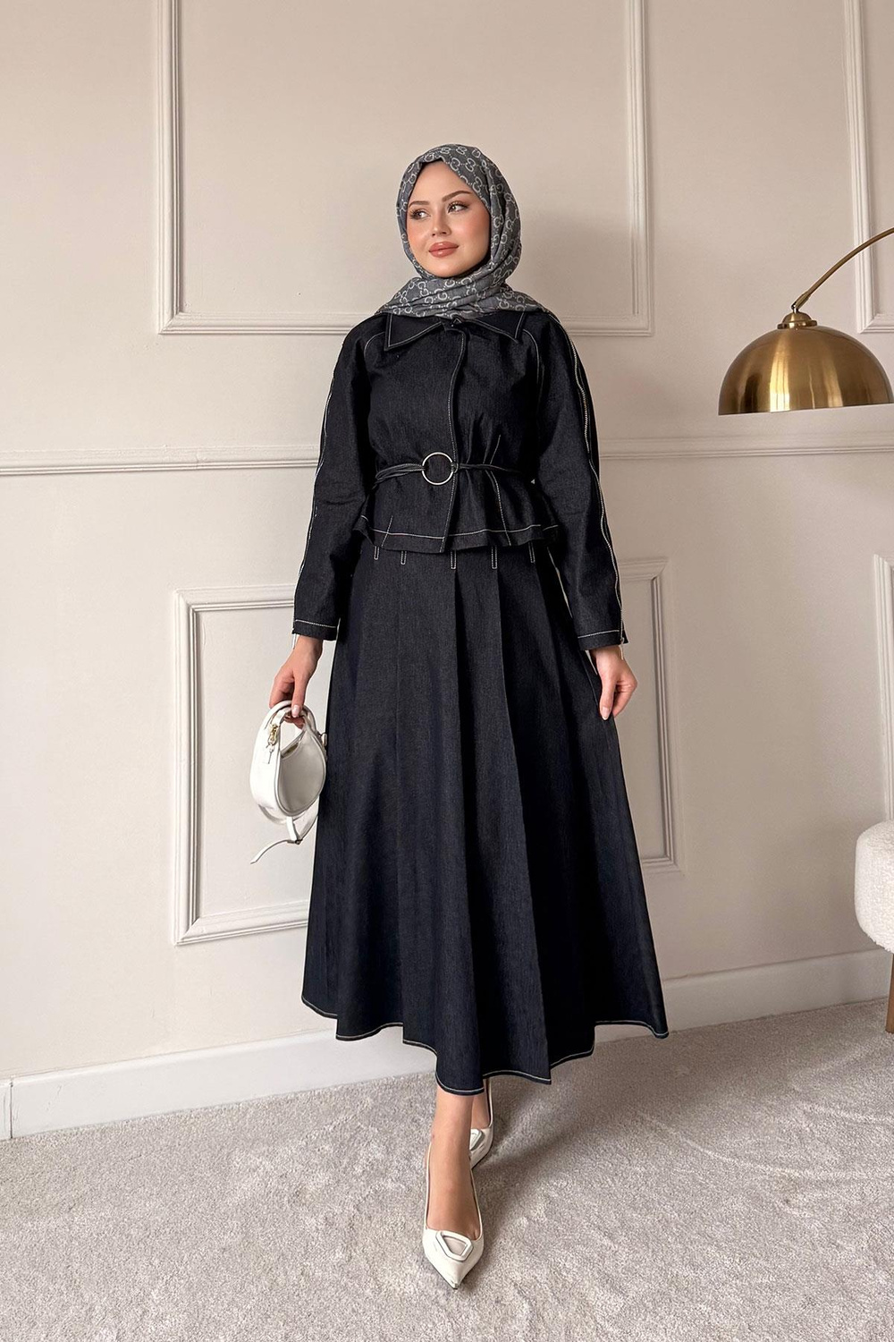 Omuz Fermuar Detay Bel Bağlamalı Etekli Kot Takım Lacivert