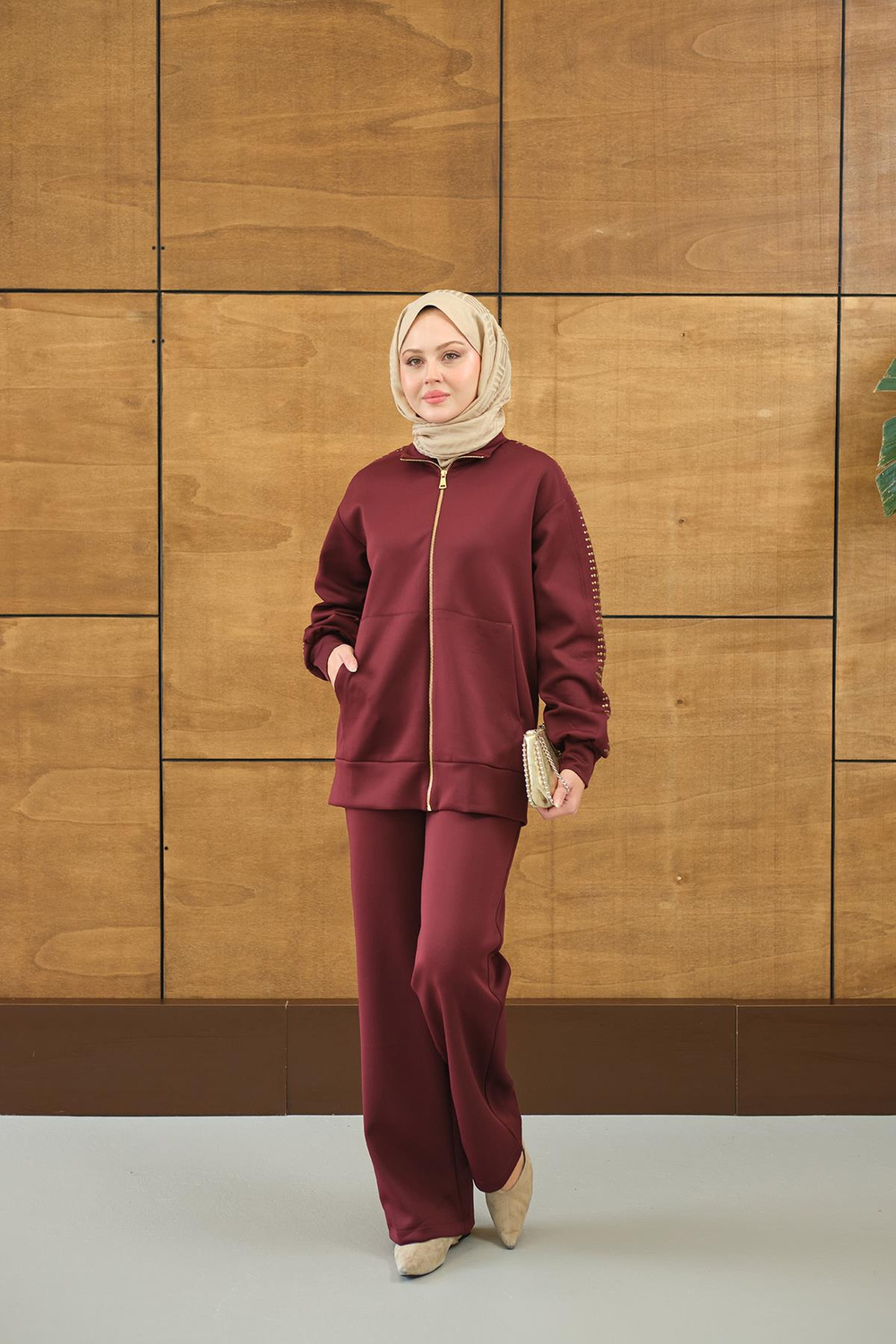 Omuz Gold Drop Detay Önü Cepli Fermuar Detay Takım Bordo