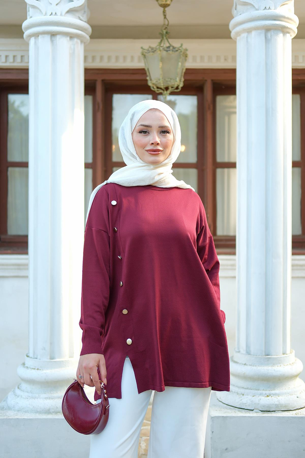 Ön Düğme Detay Tunik Bordo