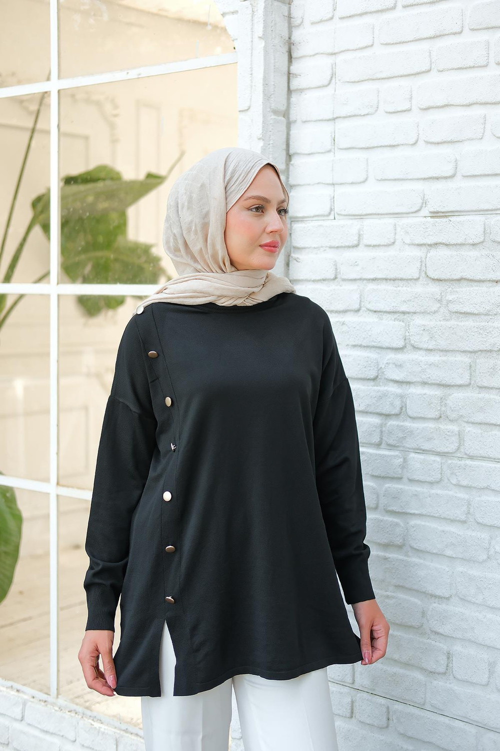 Ön Düğme Detay Tunik Siyah
