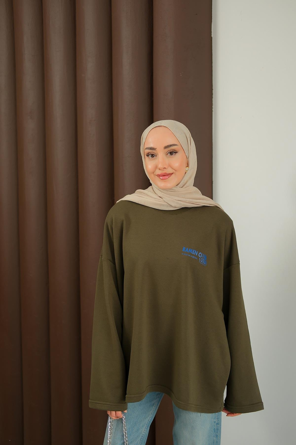 Ön Ve Arka Yazı Baskılı Sweat Haki Yeşil