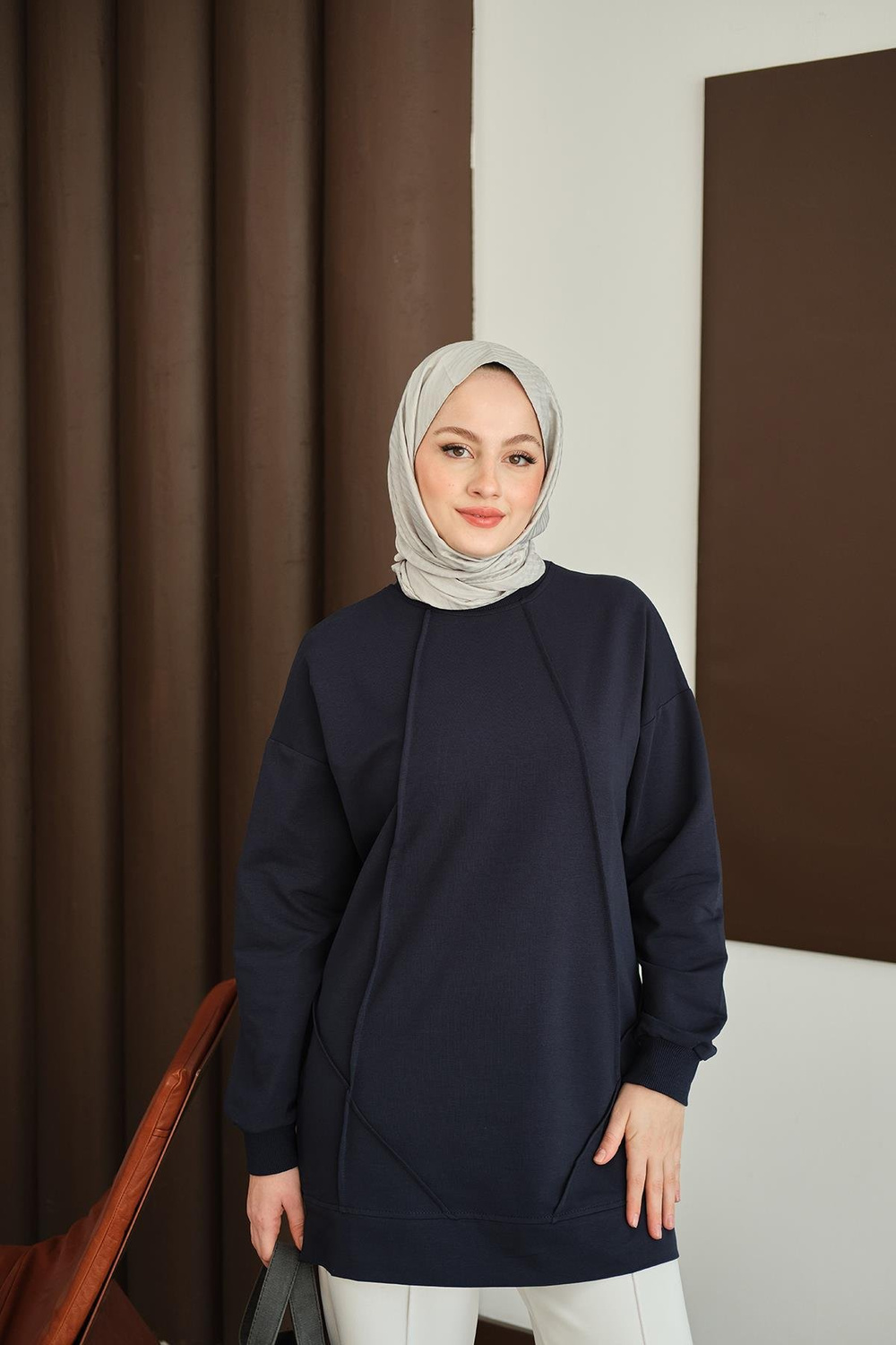 Önü Dikiş Detay Tunik Lacivert