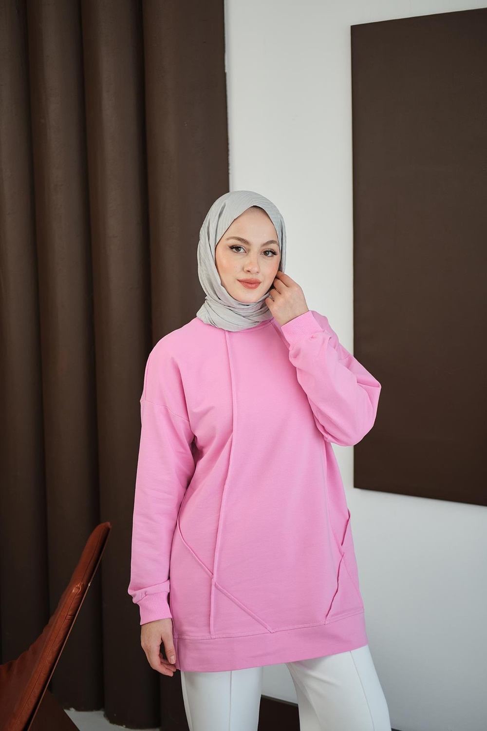 Önü Dikiş Detay Tunik Pembe