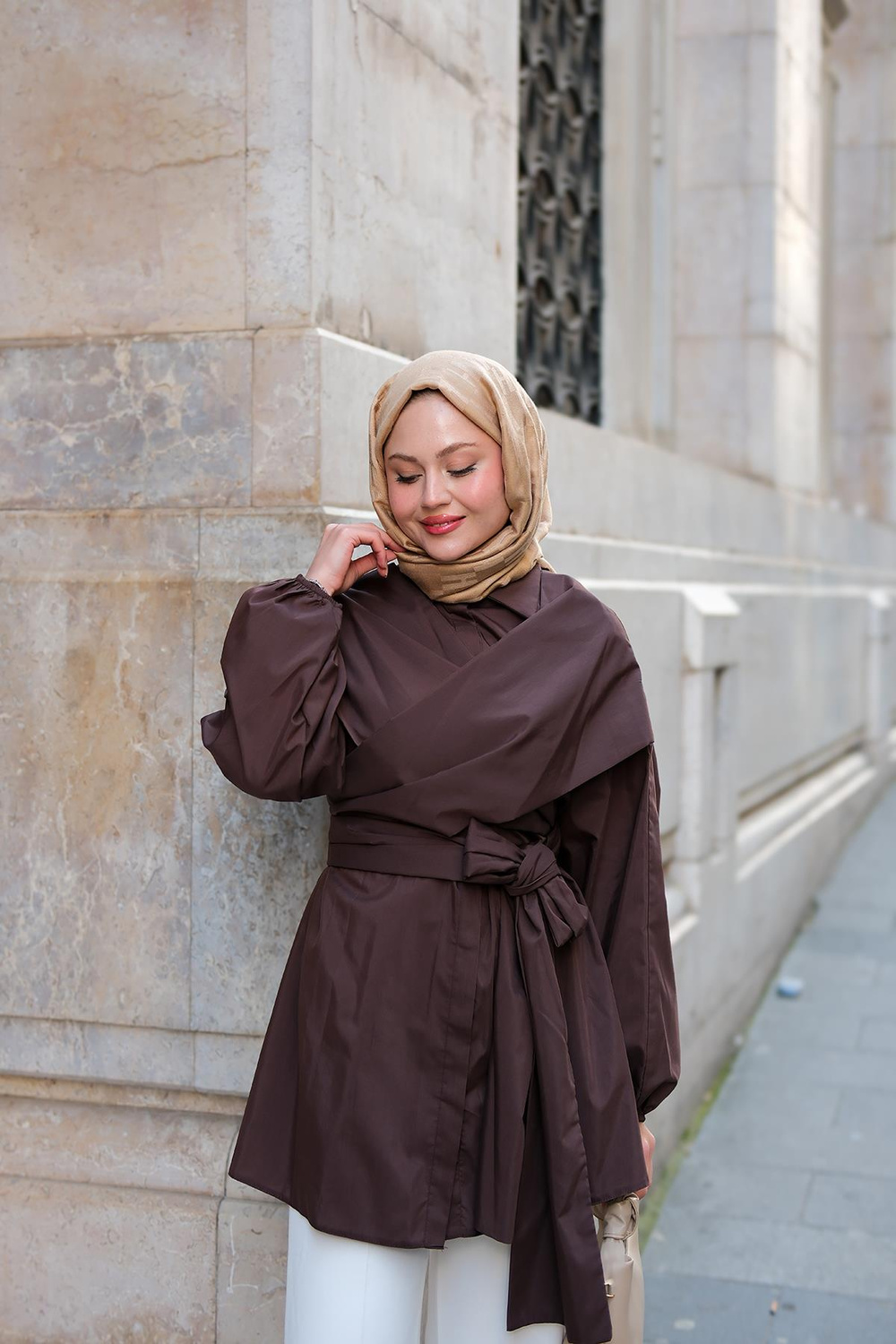 Önü Drape Detay Poplin Gömlek Kahverengi