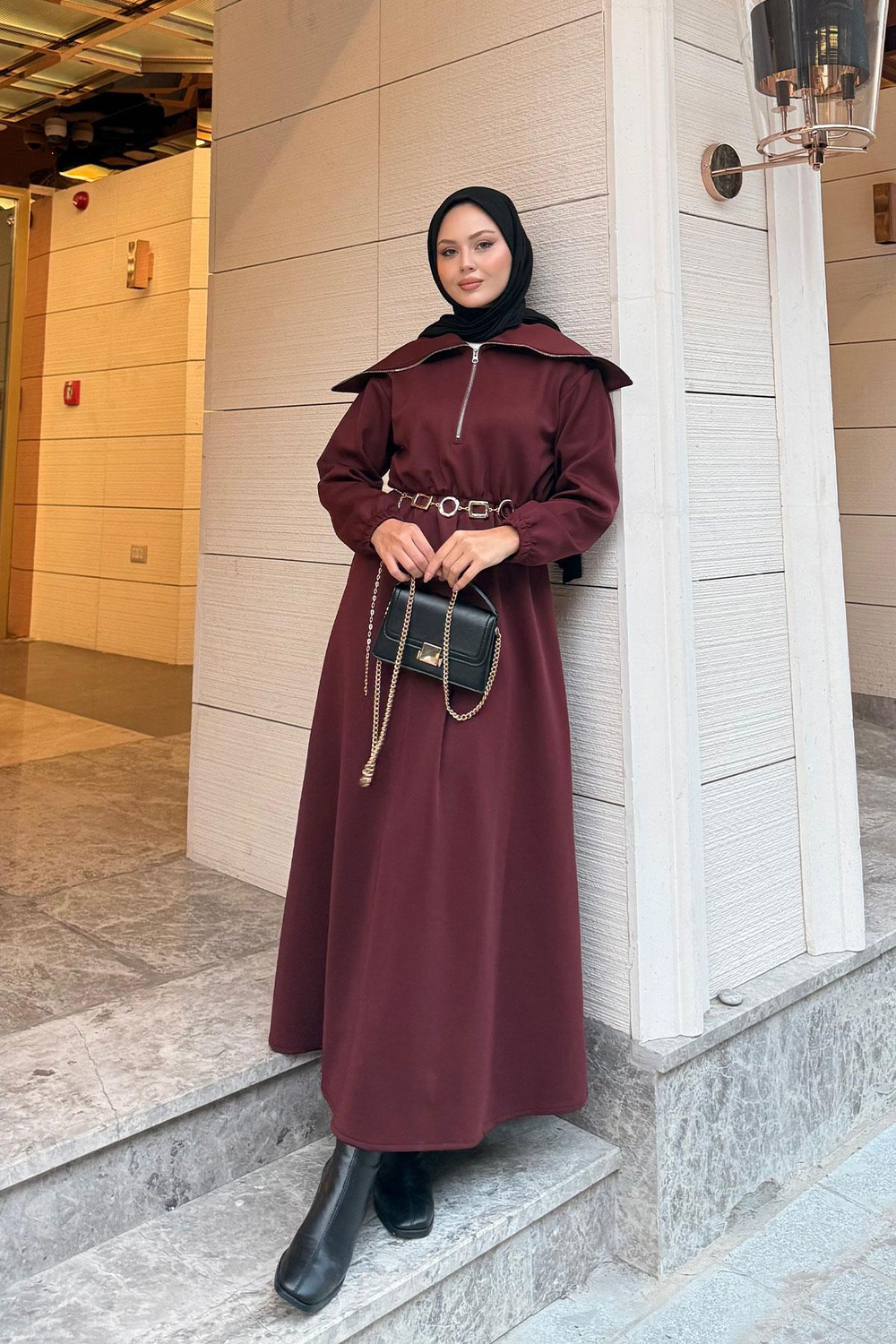 Önü Fermuarlı Elbise Bordo