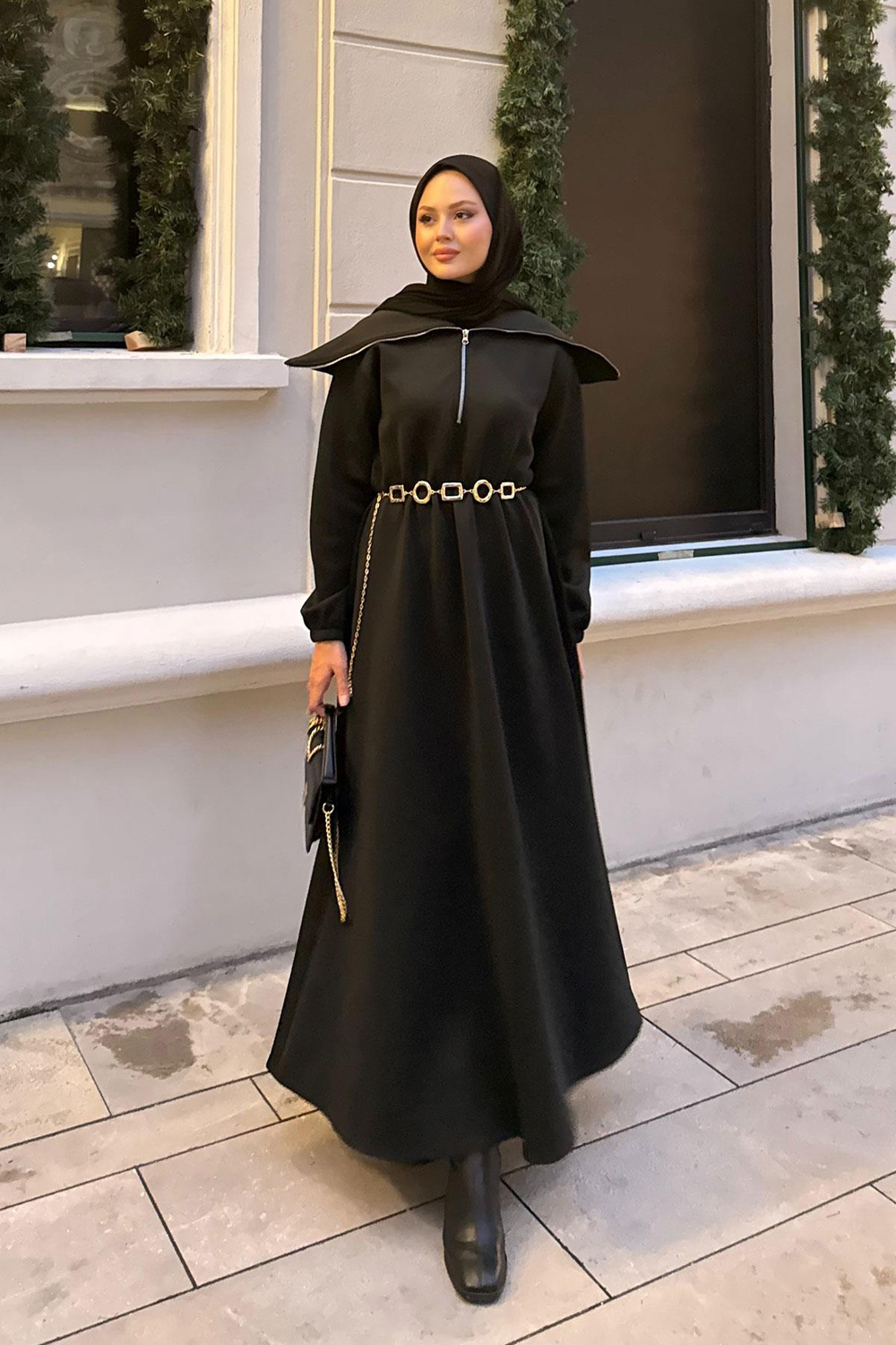 Önü Fermuarlı Elbise Siyah