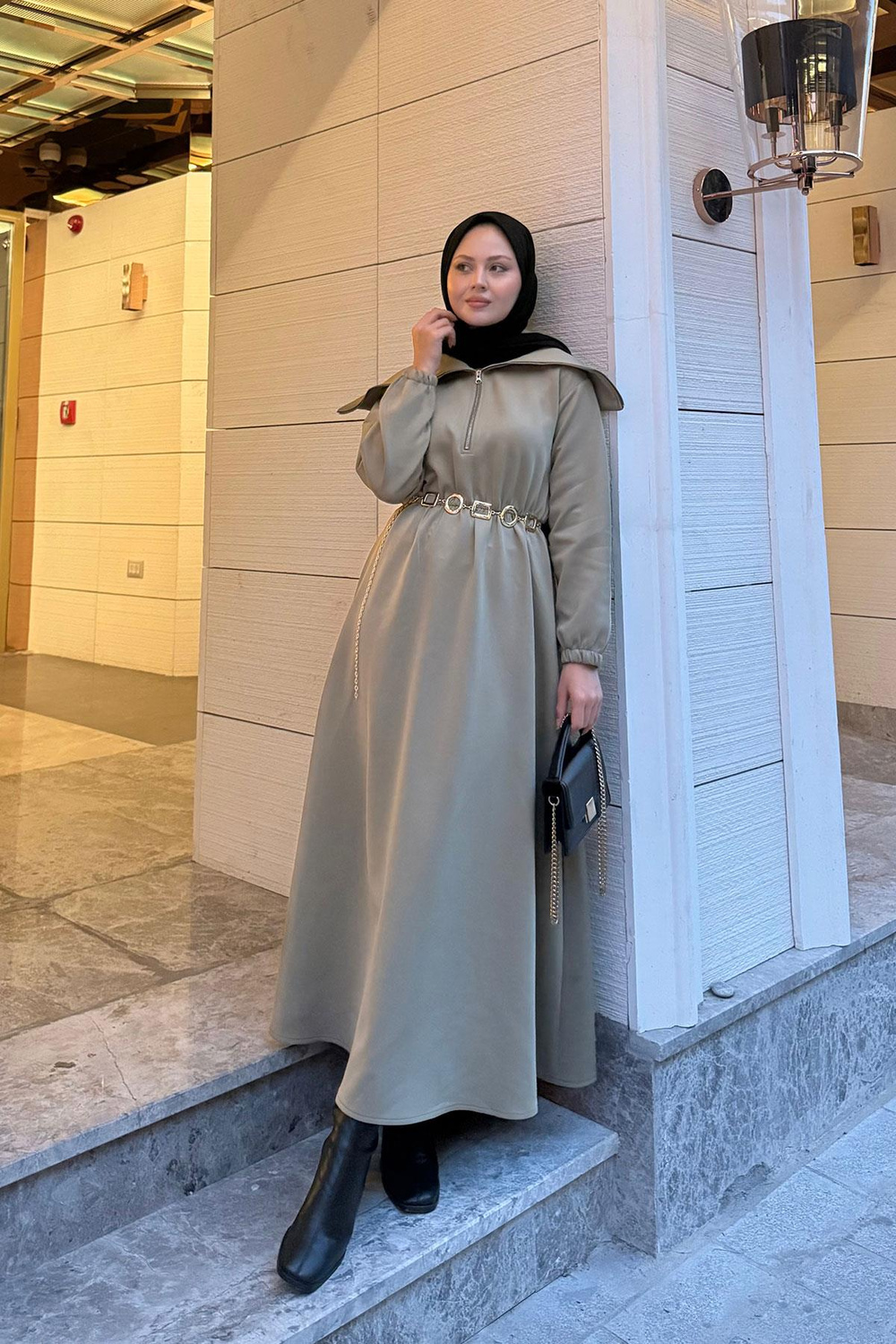 Önü Fermuarlı Elbise Yeşil