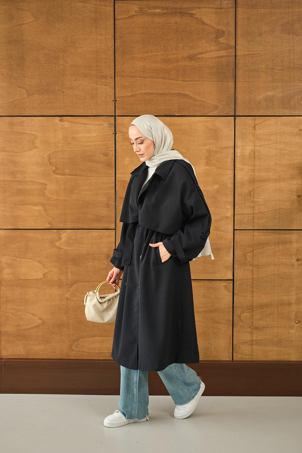 Önü Parça Detaylı Trenç Lacivert