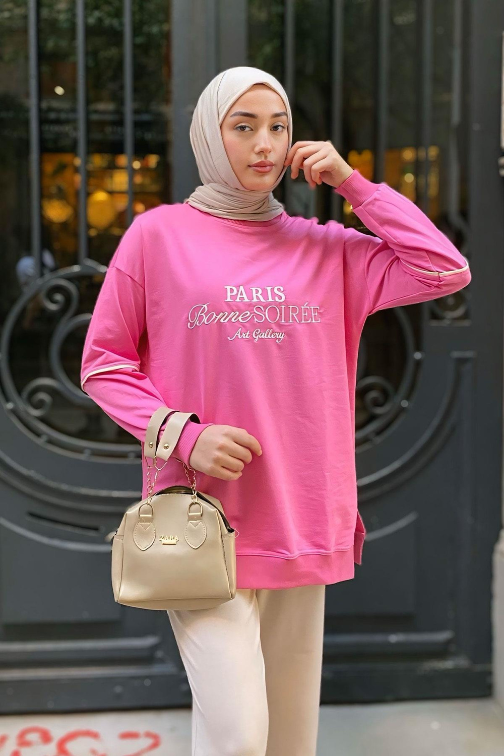 Paris Nakışlı Tunik Pembe