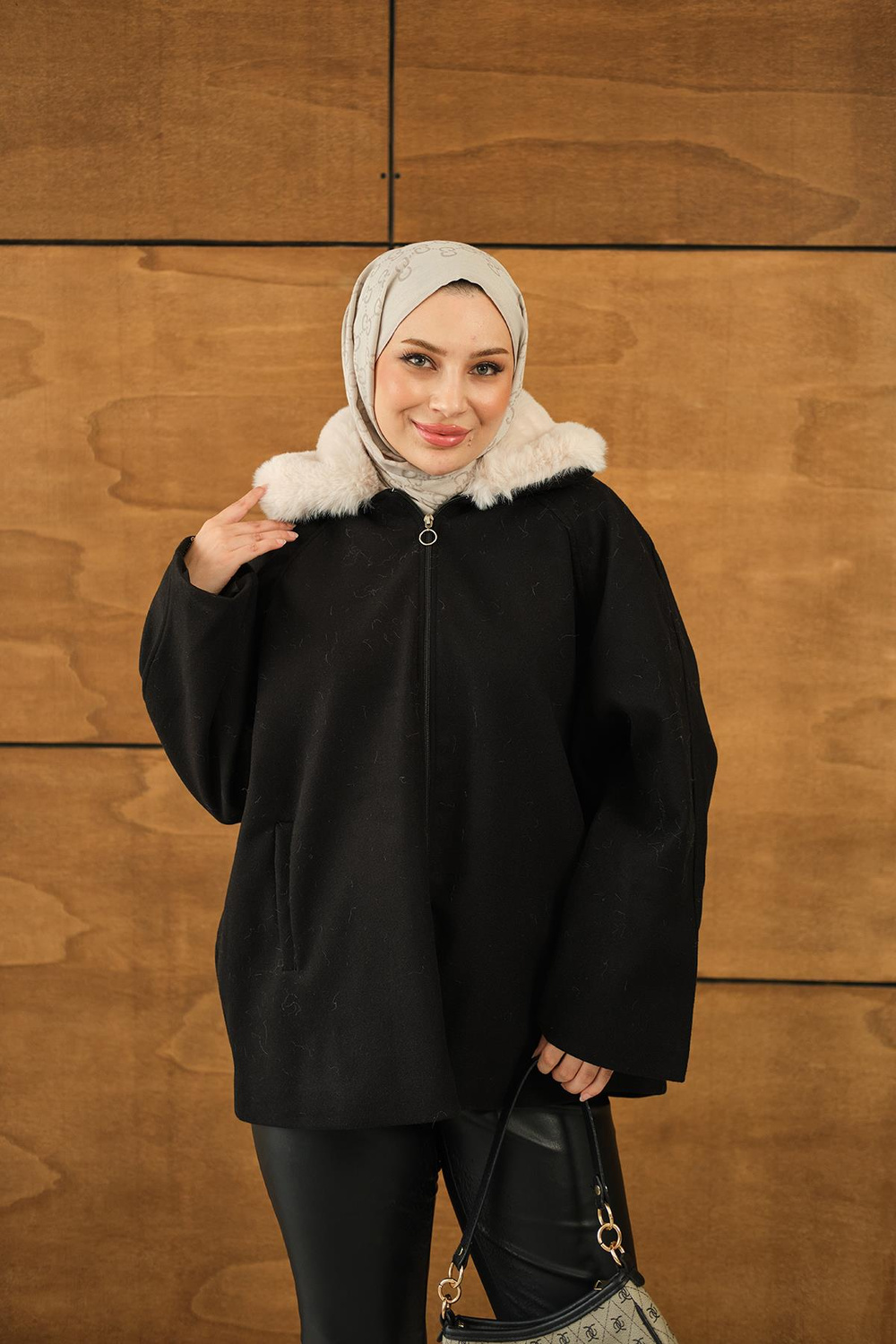 Peluş Yaka Ceket Siyah