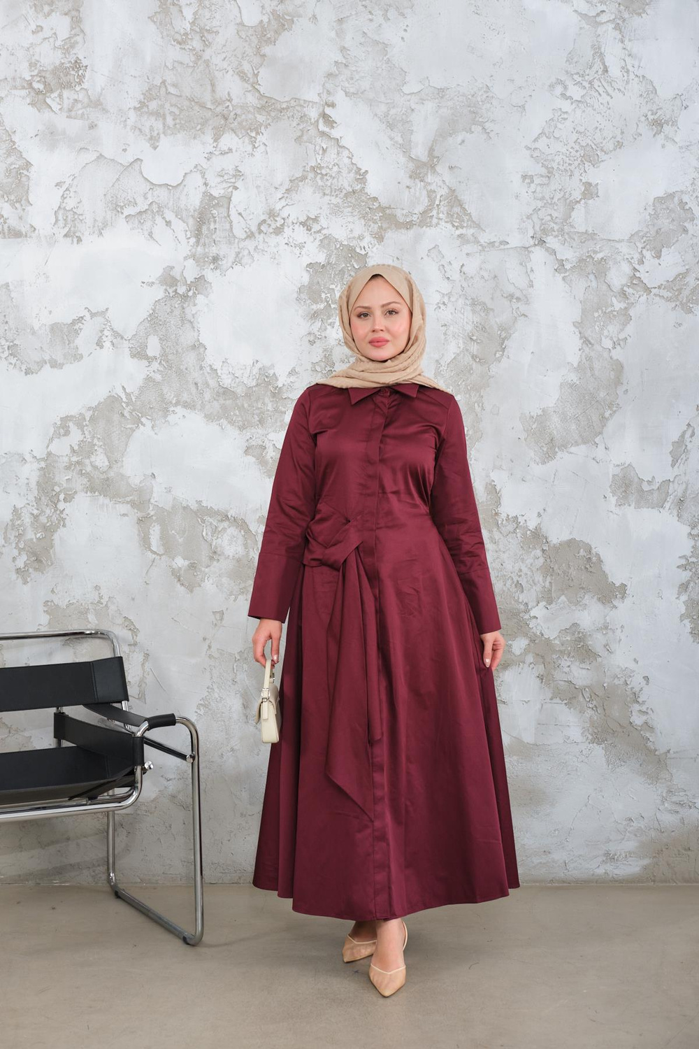 Pile Detay Elbise Mürdüm