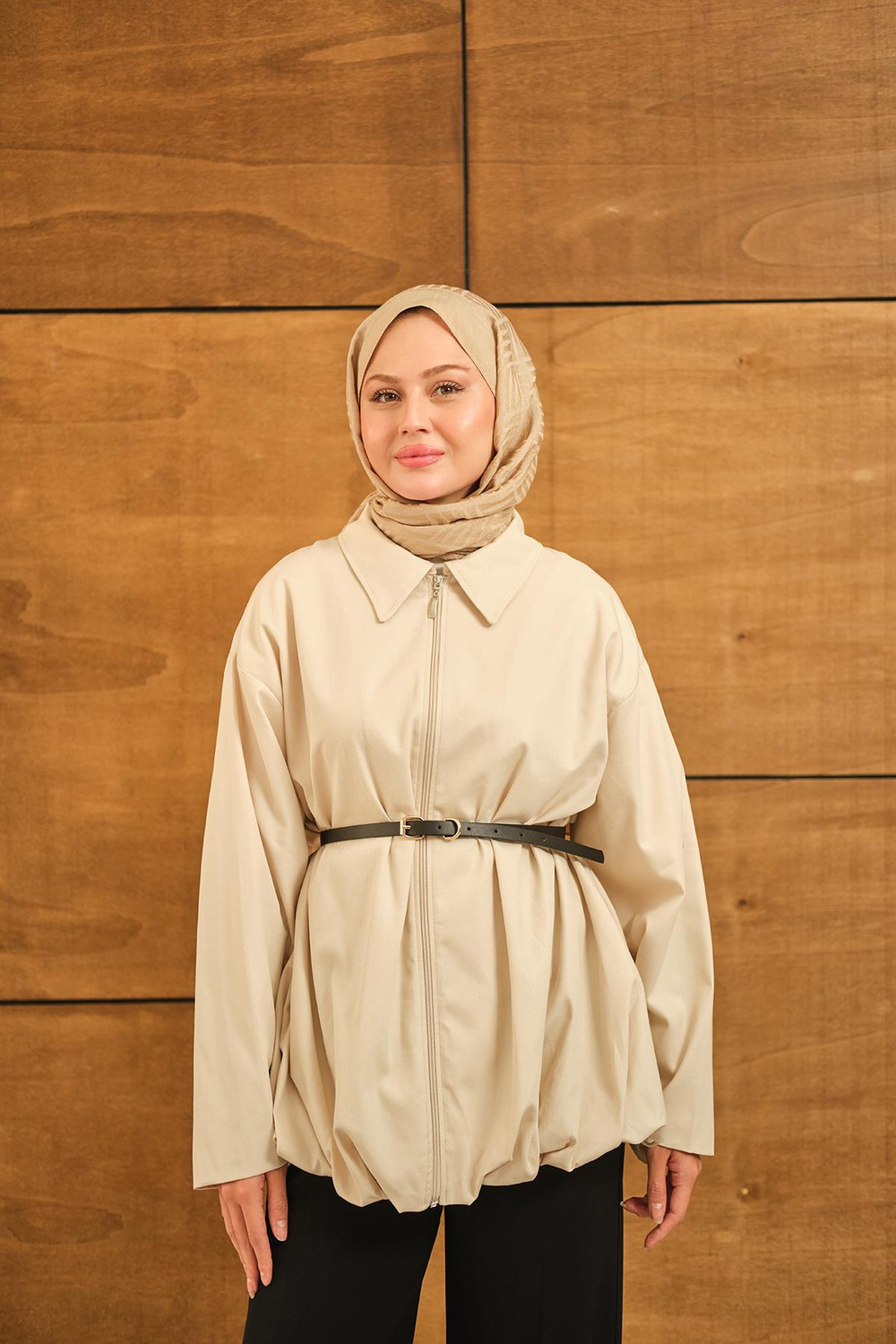 Pile Detay Gabardin Ceket Krem