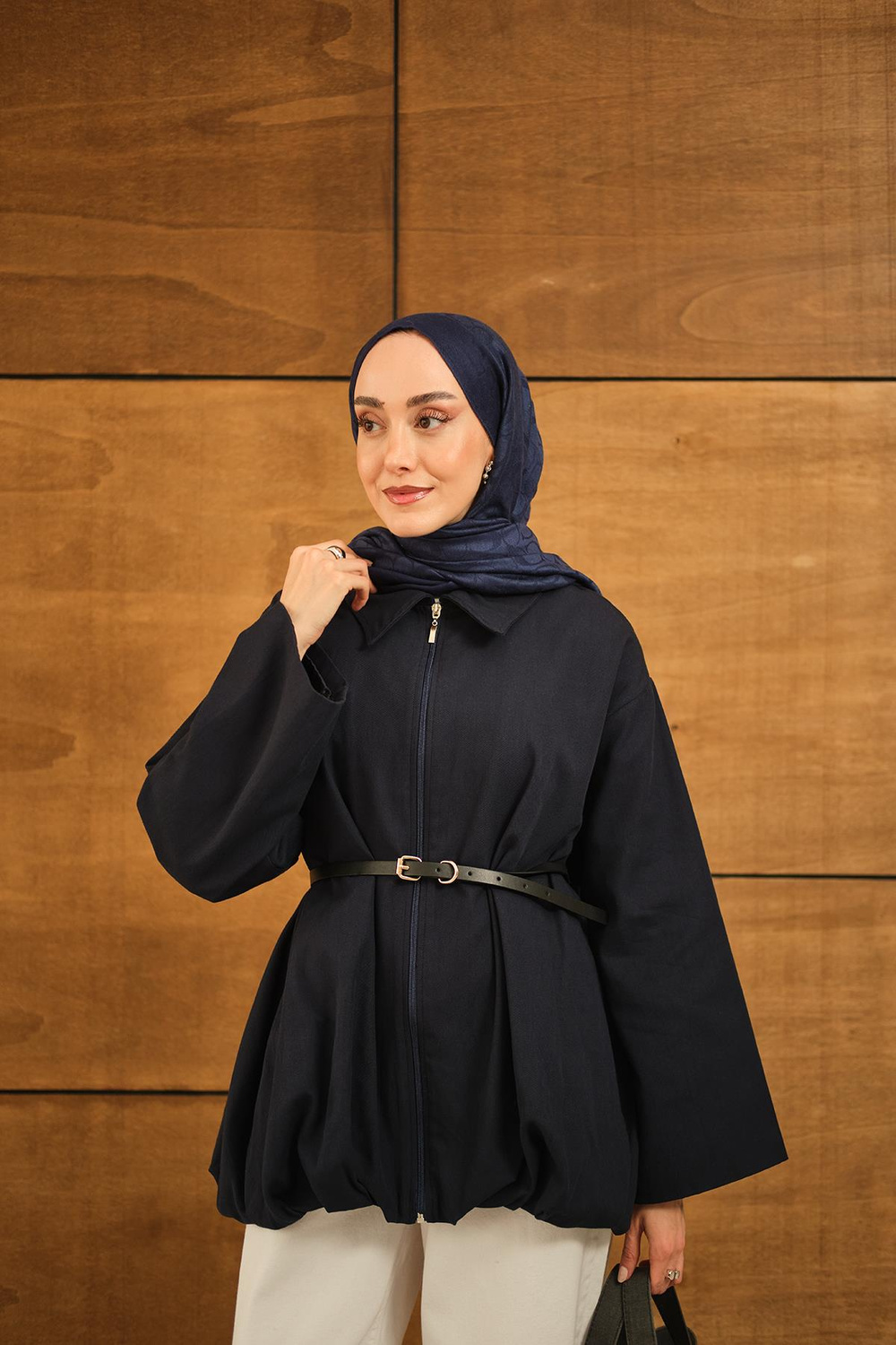 Pile Detay Gabardin Ceket Lacivert