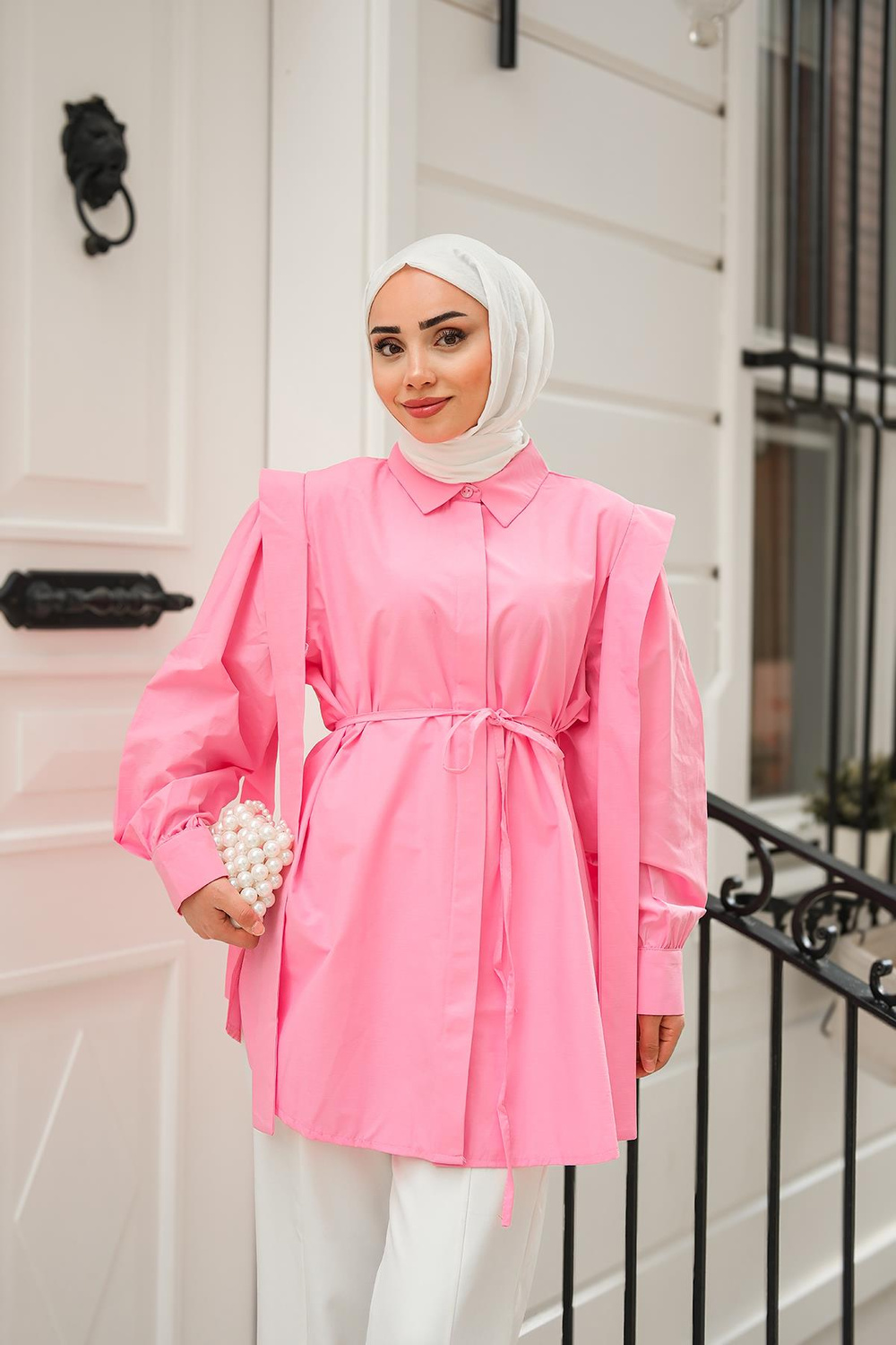 Pile Detay Önü Gizli Düğmeli Gömlek  Koyu Pembe