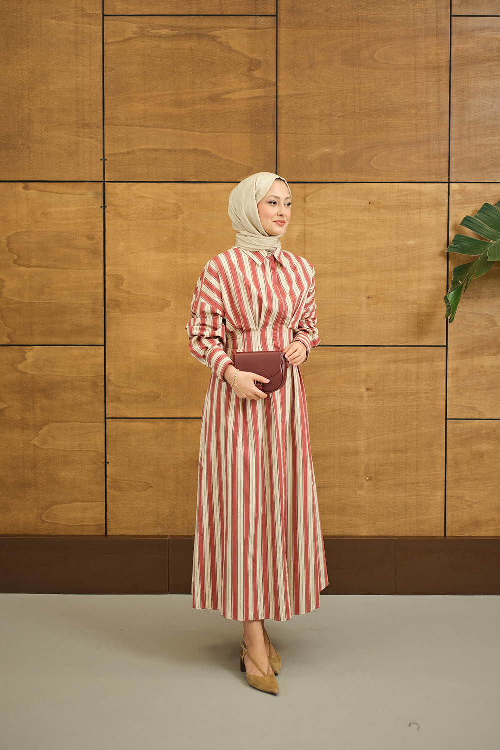 Pile Detaylı Gömlek Elbise Kiremit