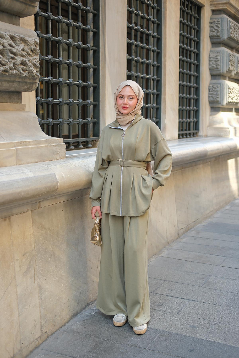 Pile Detaylı Tokalı Takım Fıstık Yeşil