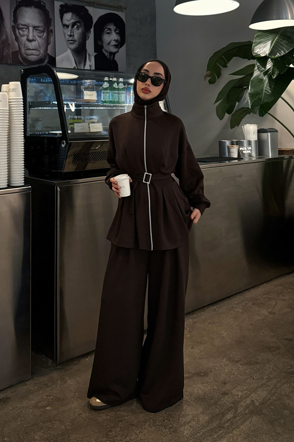 Pile Detaylı Tokalı Takım Kahverengi