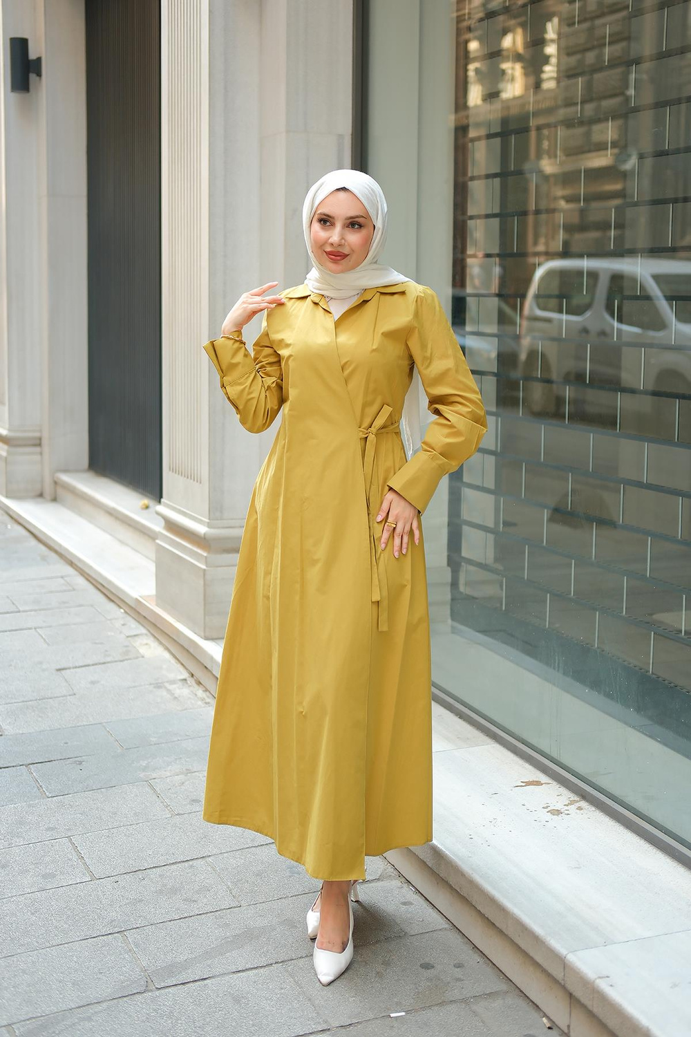 Poplin Yan Bağlamalı Elbise Yağ Yeşil