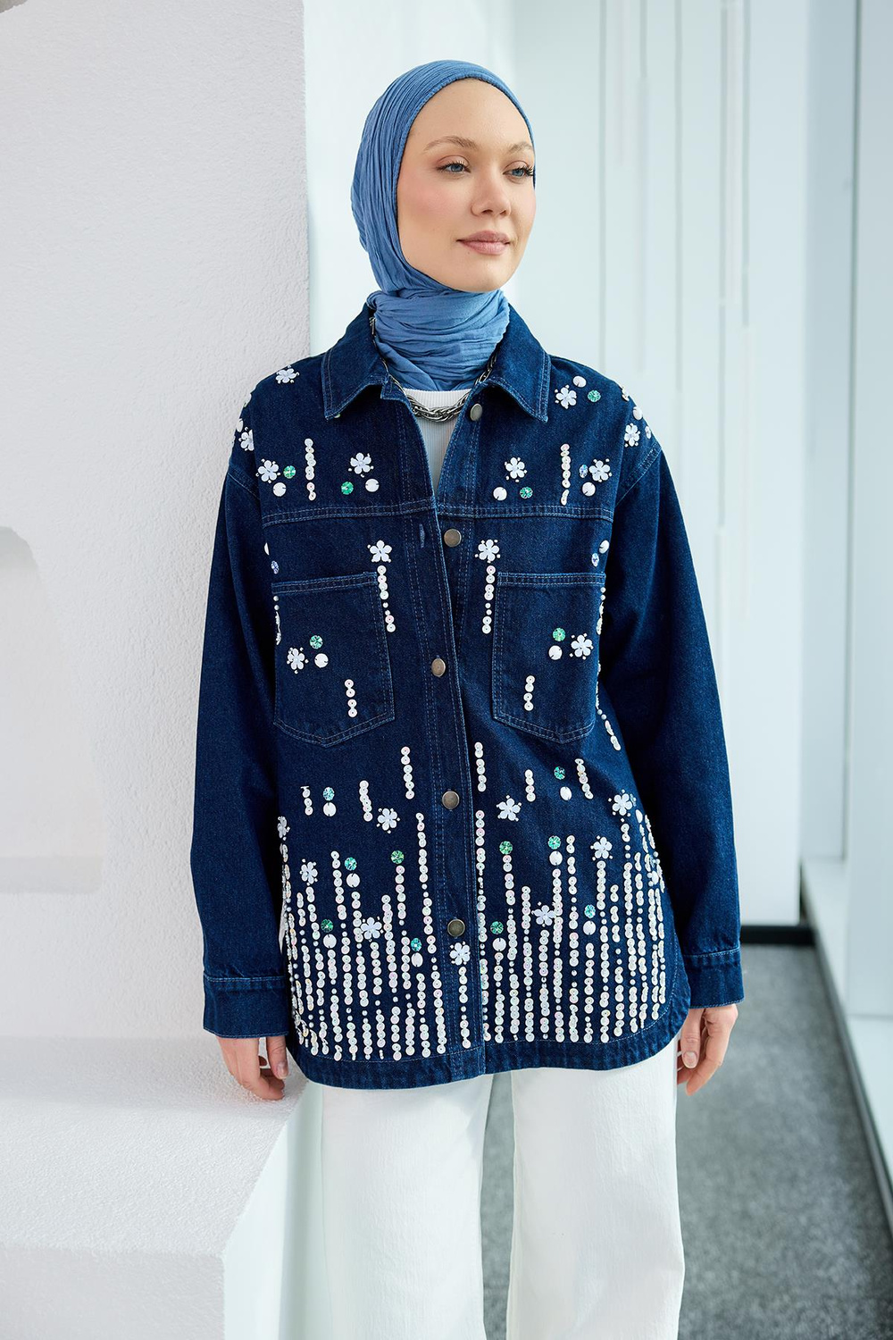 Pul Detay Jean Ceket Koyu Mavi