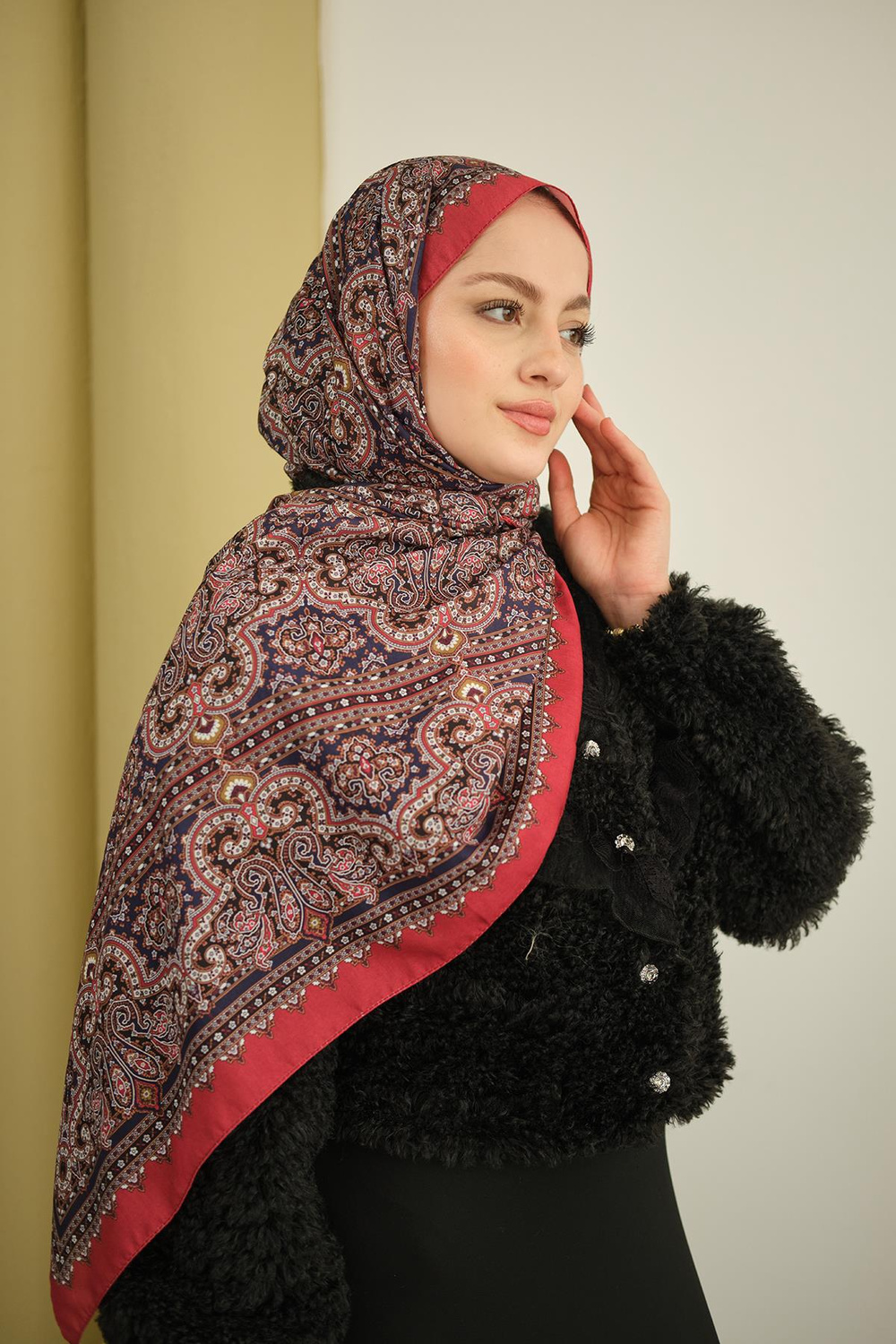 Retro Desen Soft Şal Bordo