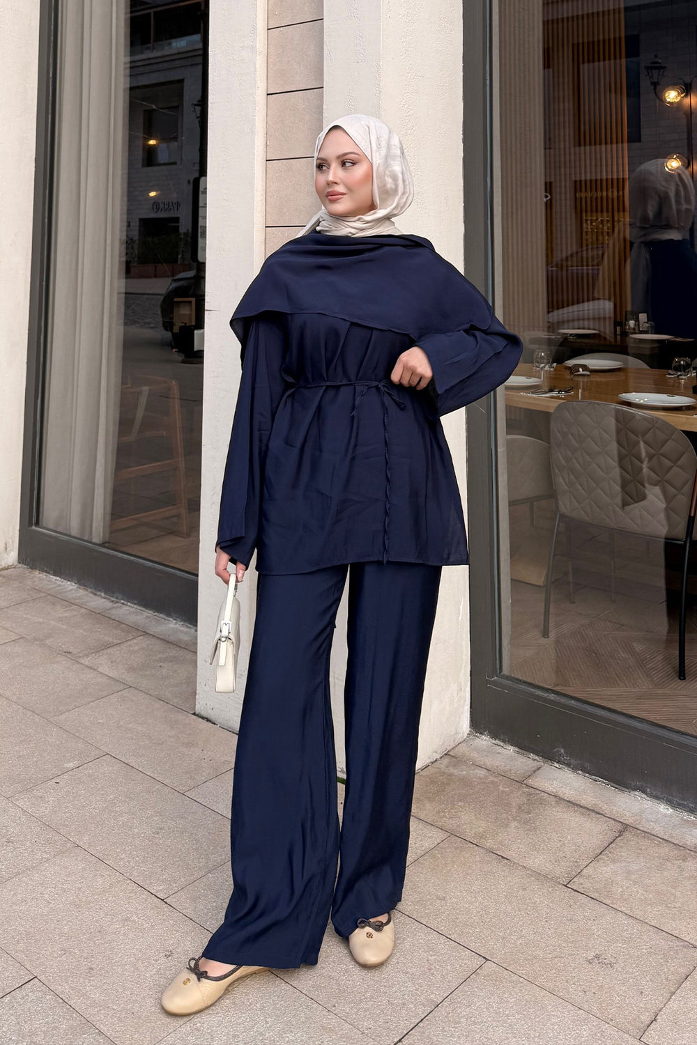 Şal Detay Bel Bağlamalı Takım Lacivert