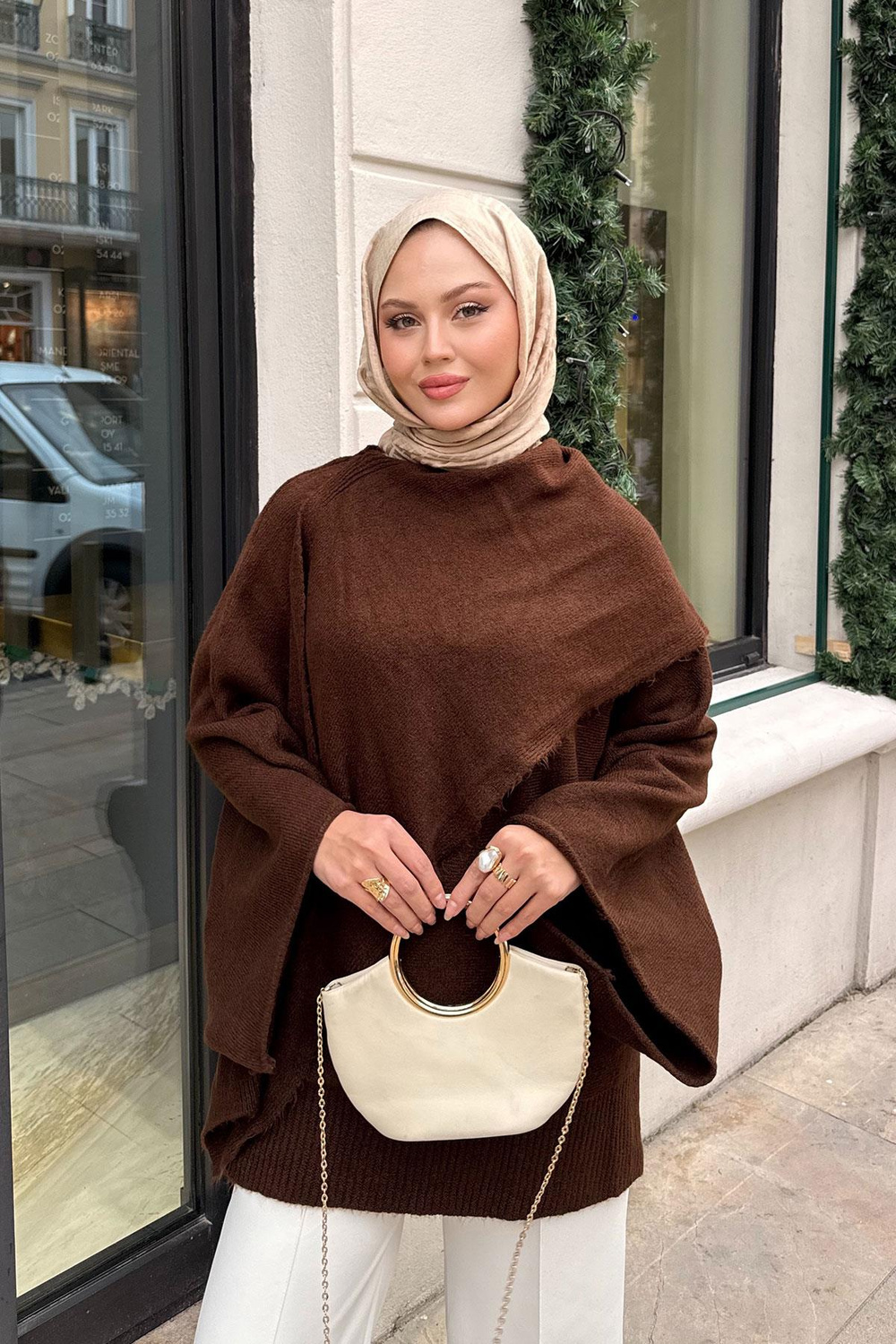 Şal Detaylı Kazak Kahverengi