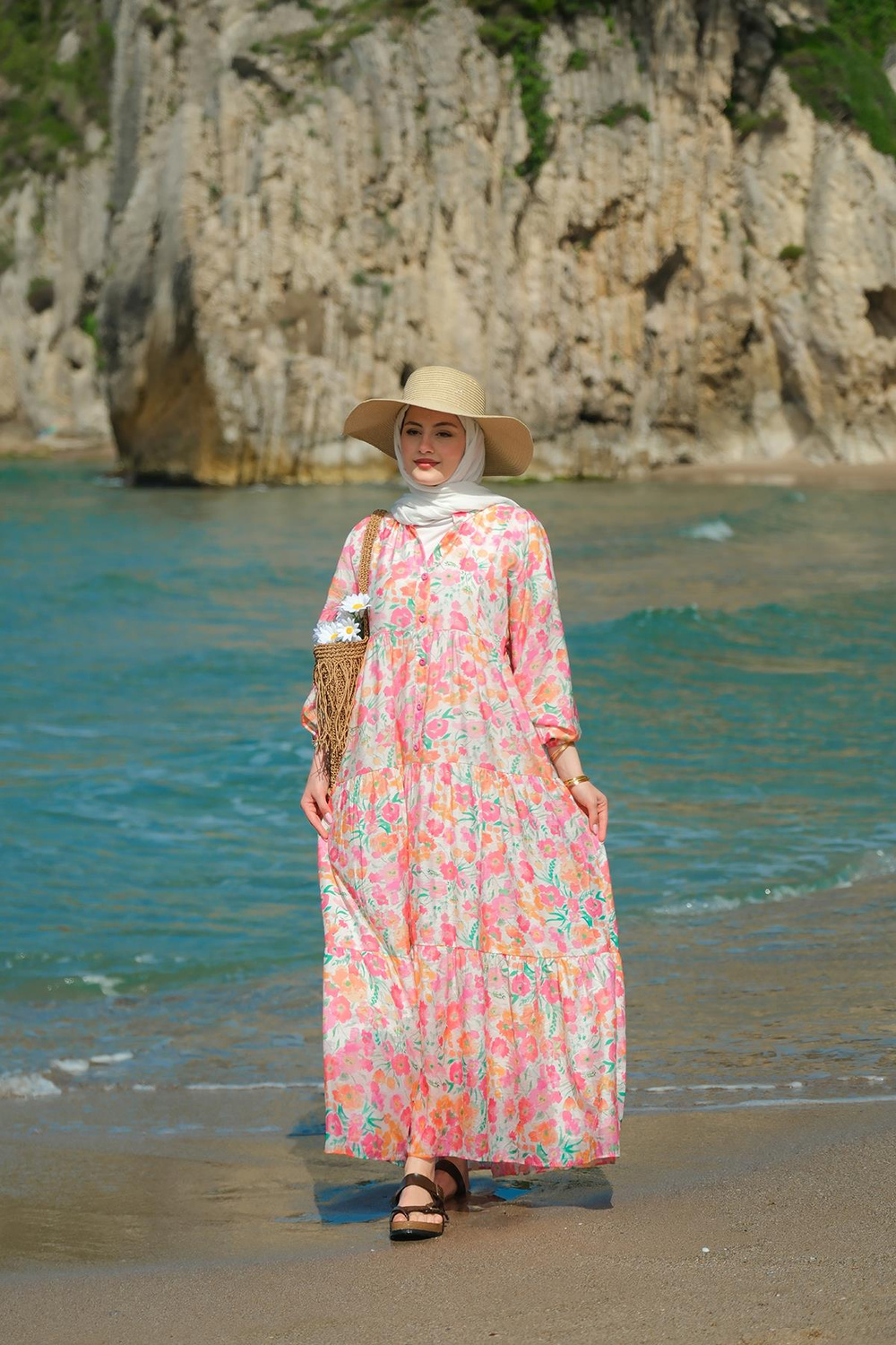 Sarmaşık Çicek Desenli Elbise Pembe