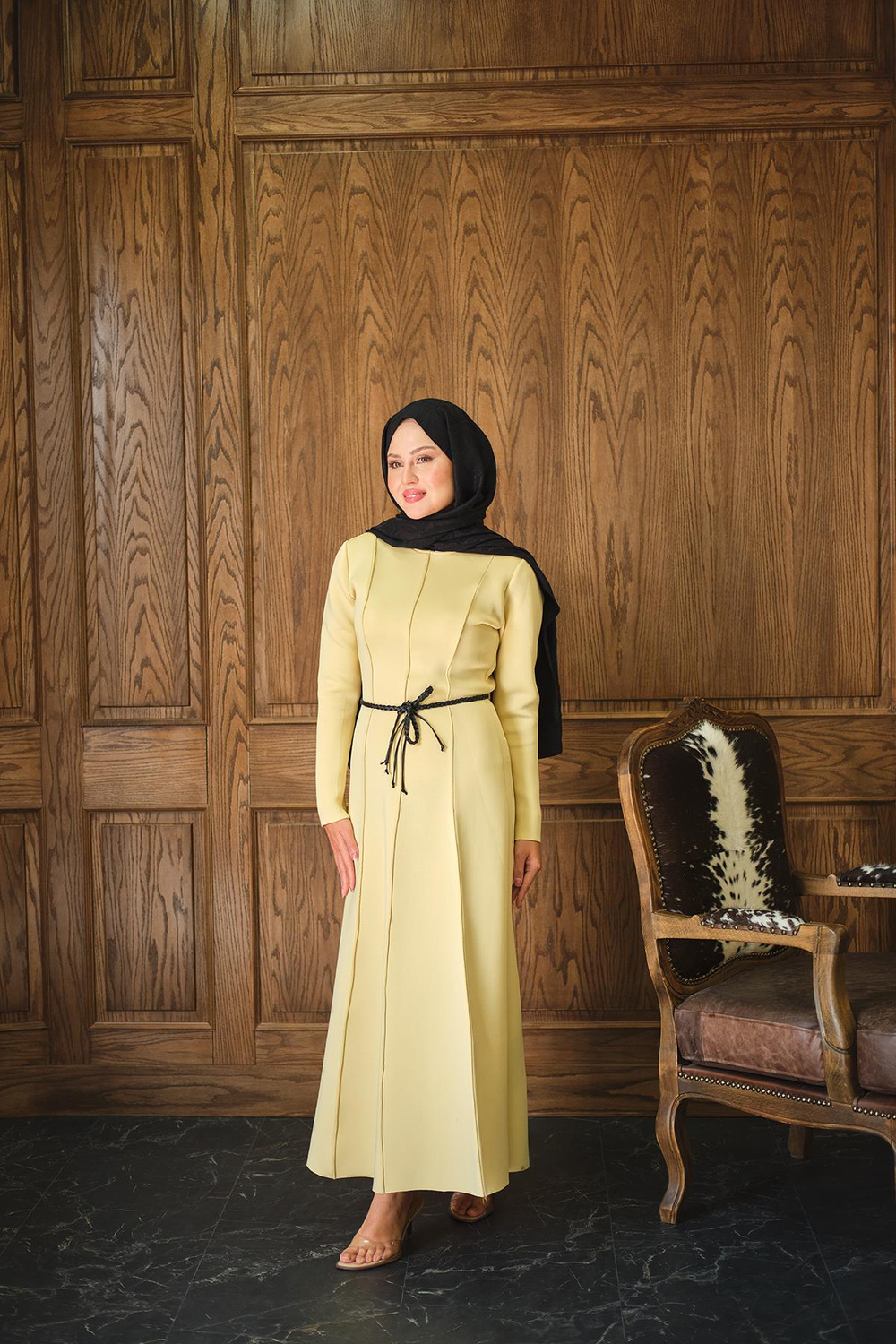 Scuba Puf Detay Elbise Sarı