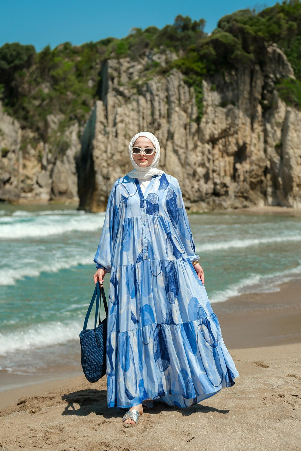 Şekil Desenli Elbise Mavi