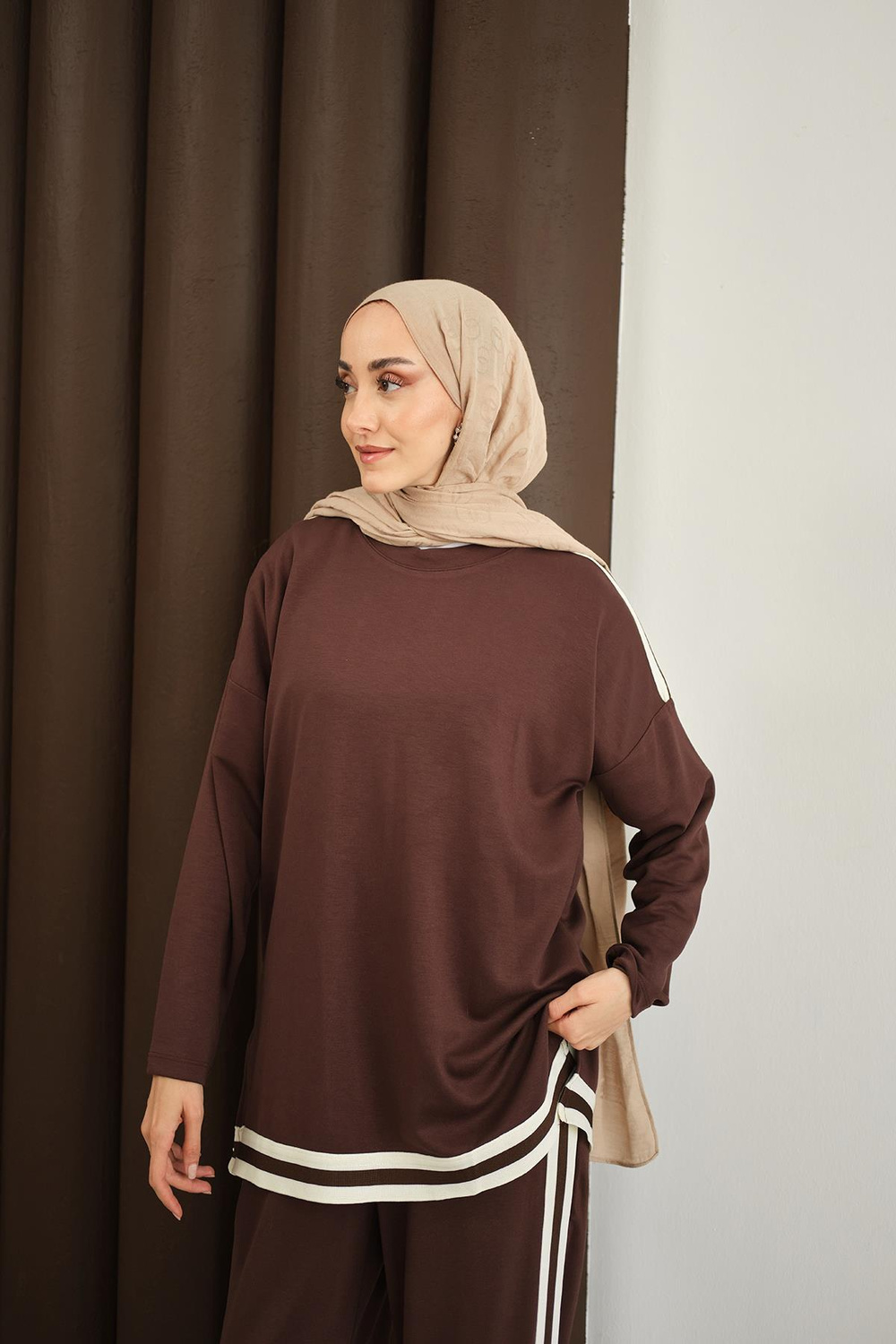 Şeritli İkili Takım Kahverengi